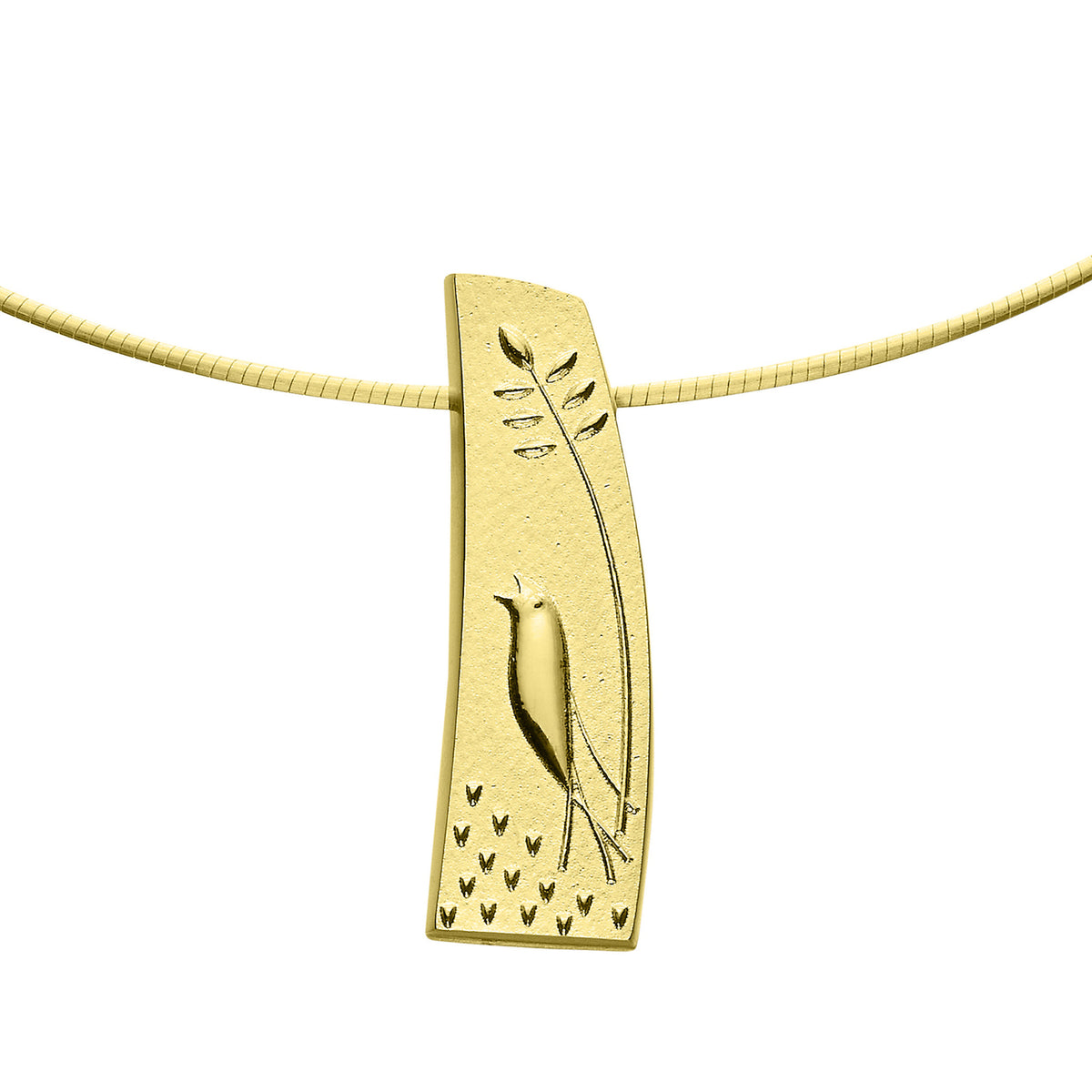 A gold pendant featuring a bird and foliage design in relief, suspended from a thin snake chain.