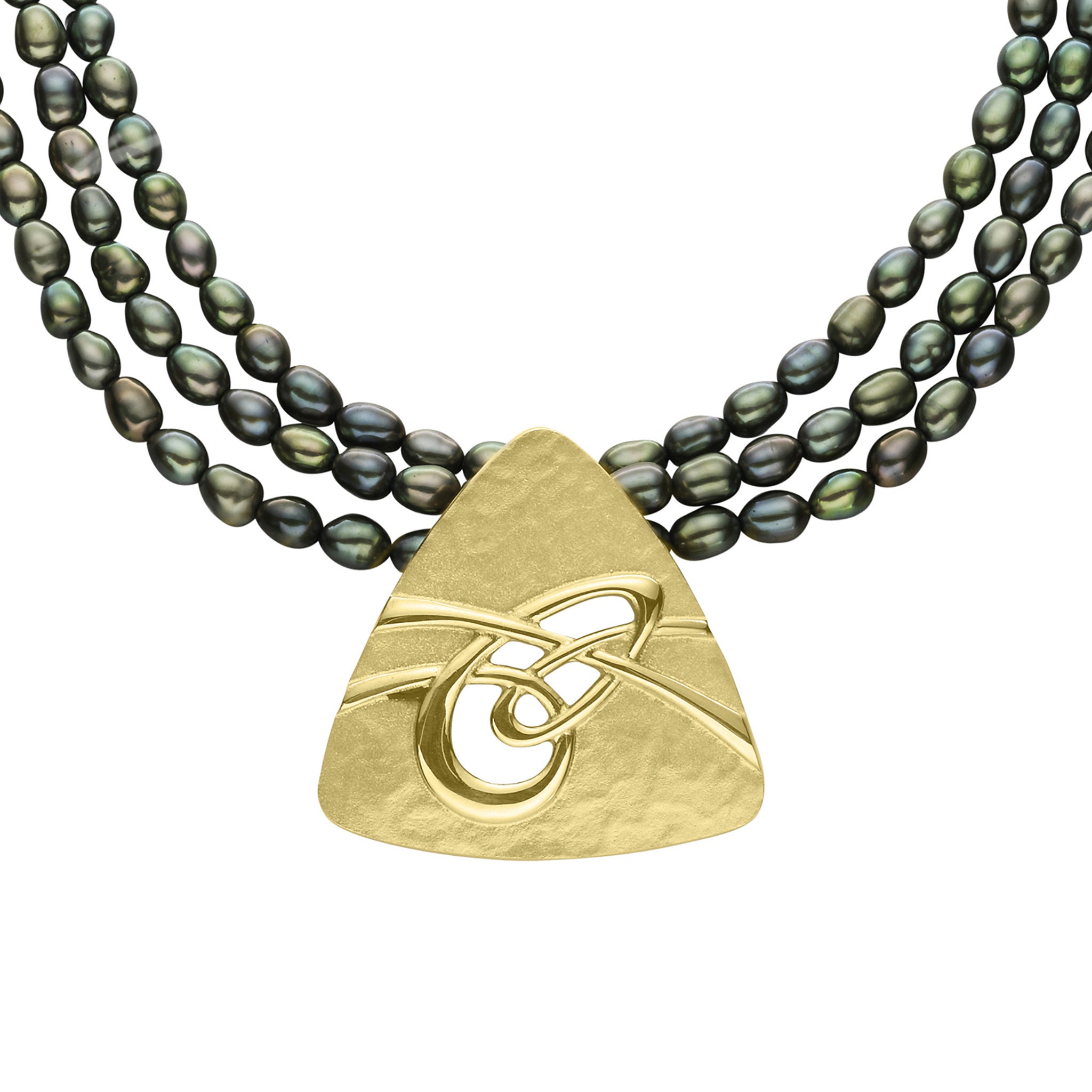 A black pearl necklace with a gold pendant featuring a knotted celtic design