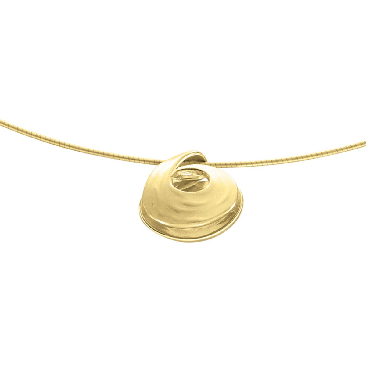 A small gold pendant with a single  swirl representing pools of water in strong currents