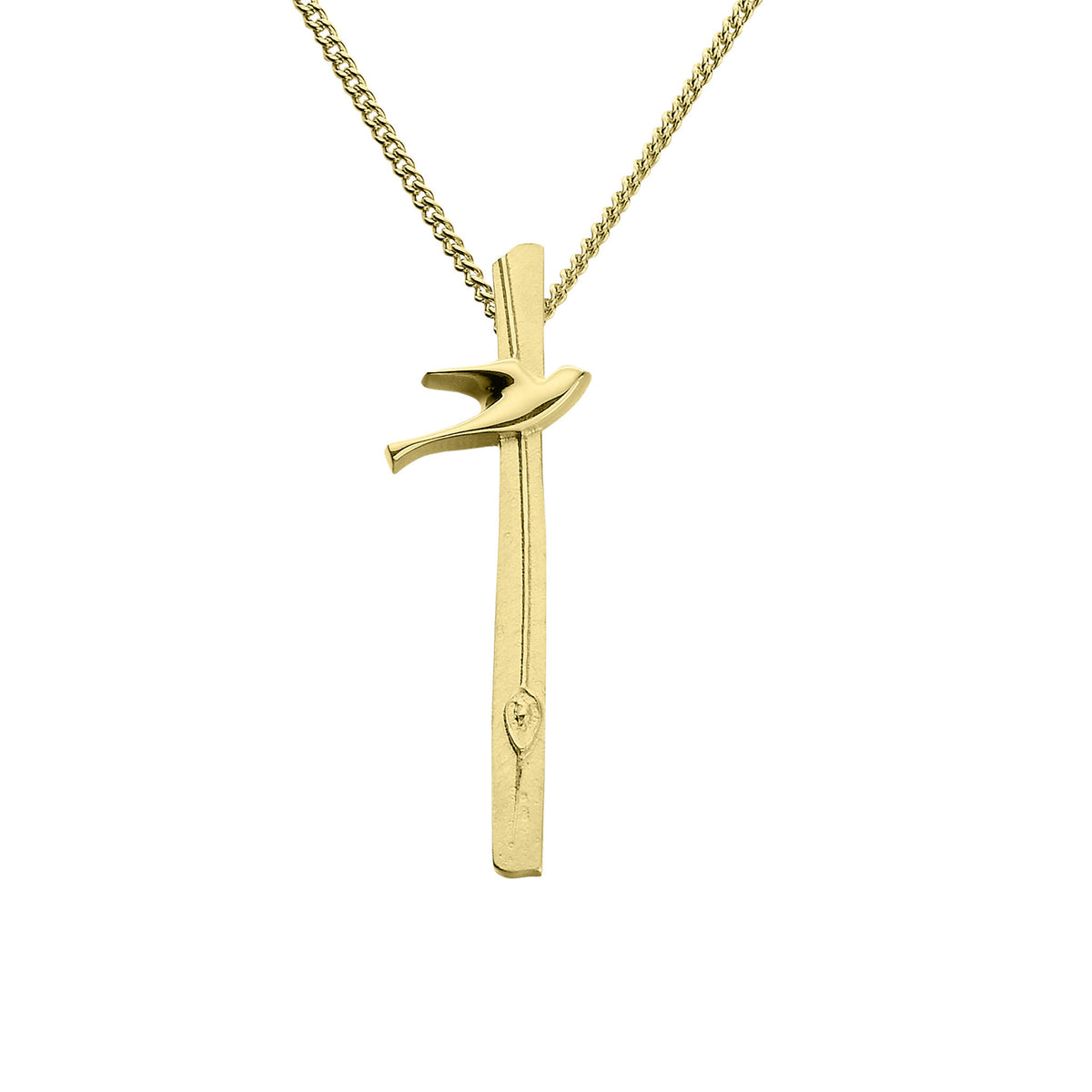 A gold necklace with a drop pendant which features a bird