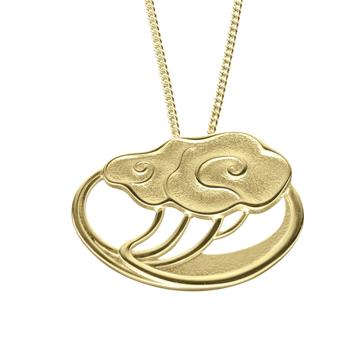 A gold pendant necklace with a unique design, featuring a rose motif, displayed against a white background.