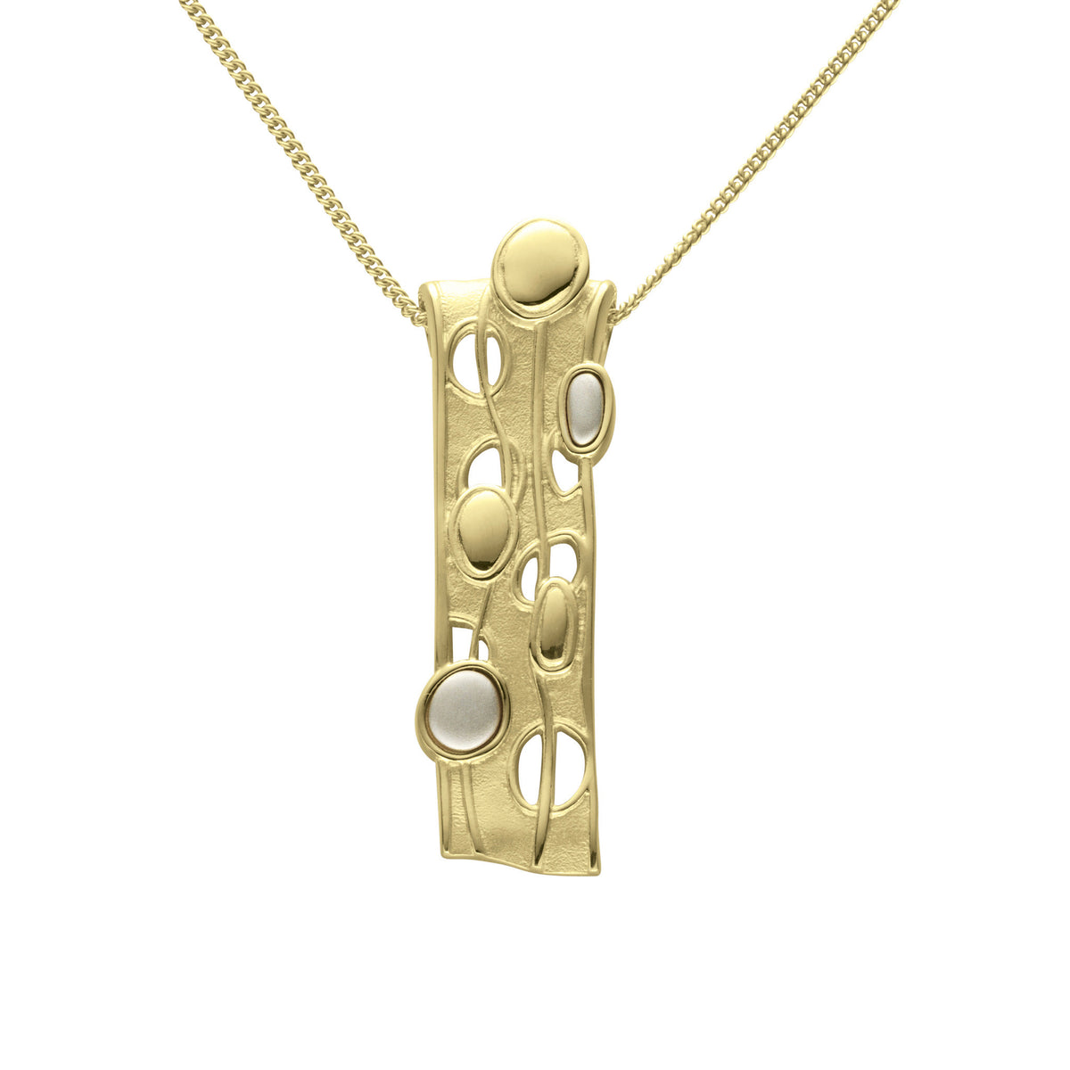 A gold necklace with a wide drop pendant which features a design based on flowing water and bubbles