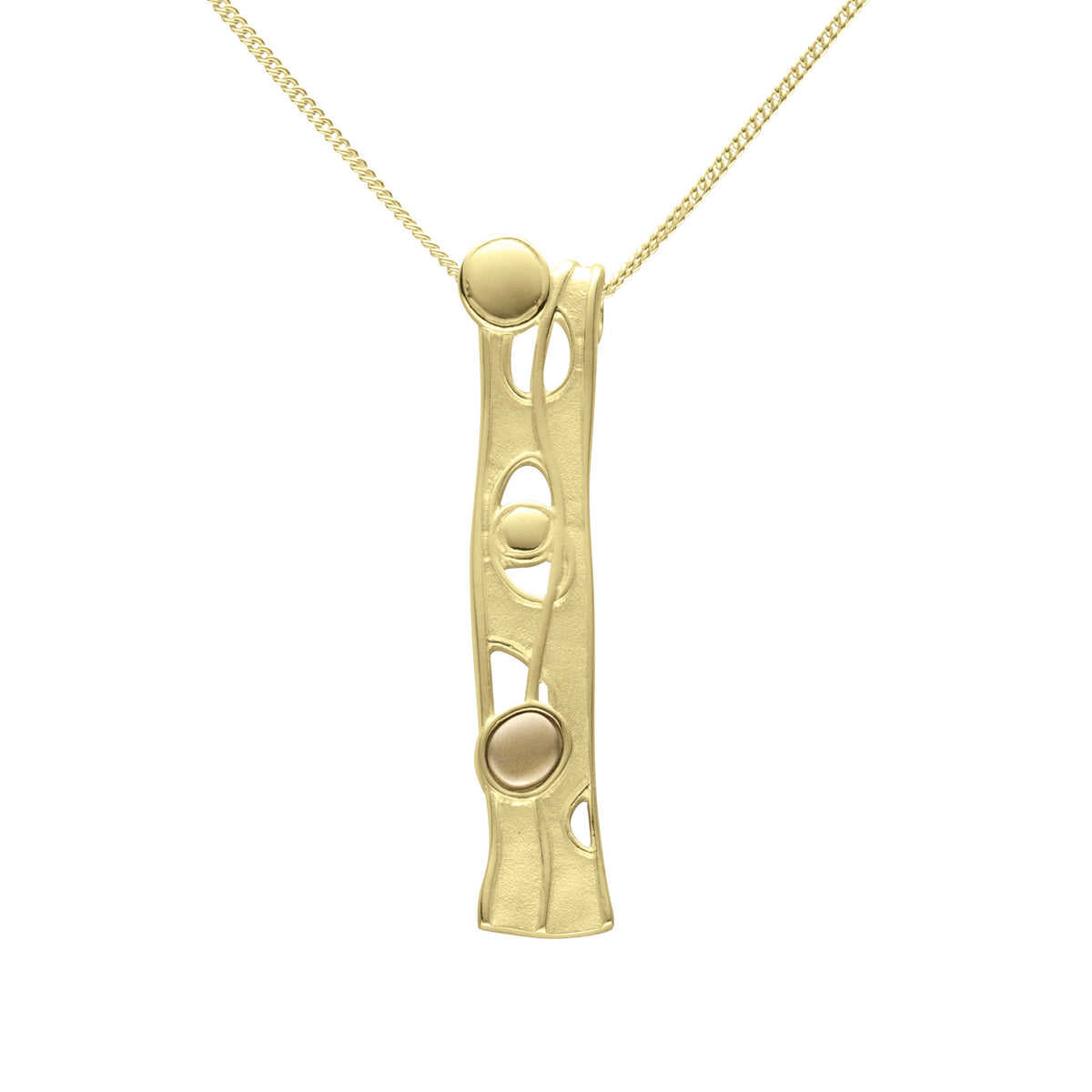 A gold necklace with a drop pendant which features a design based on flowing water and bubbles