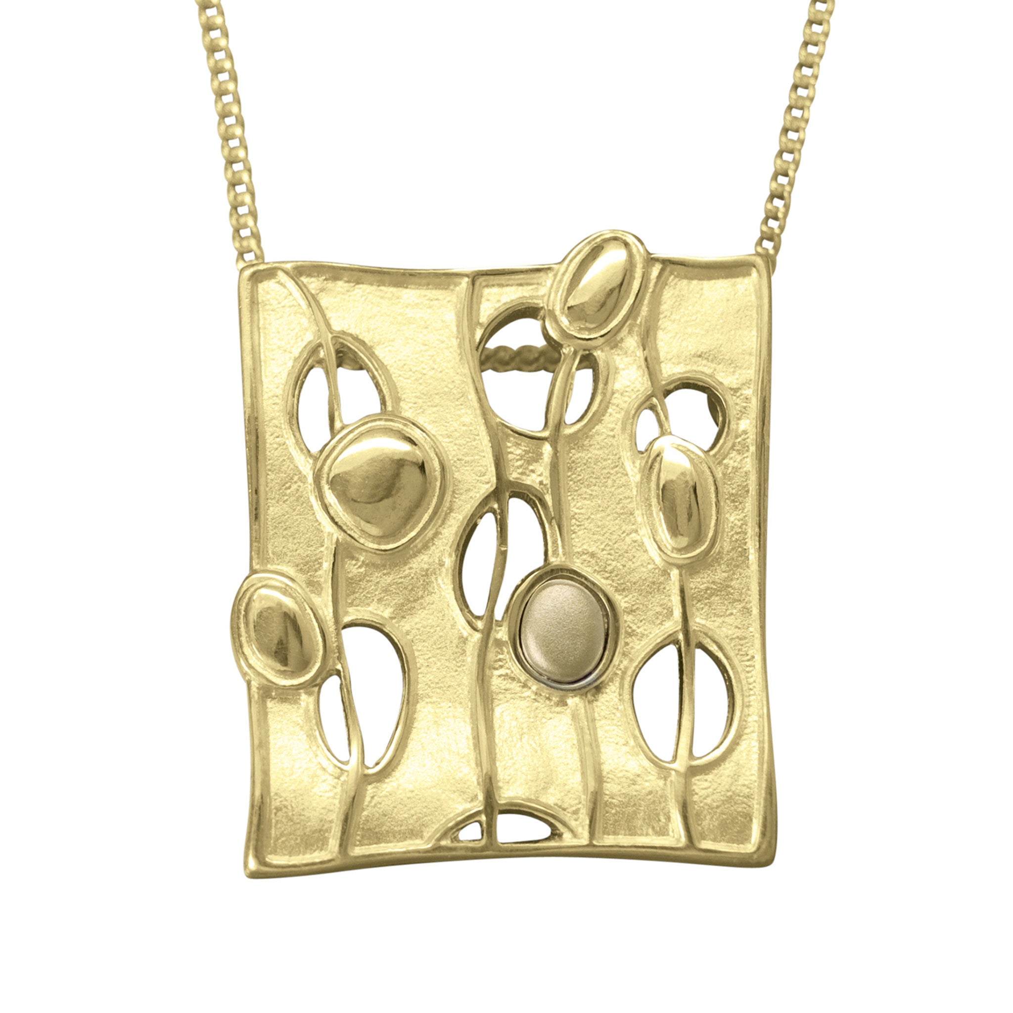 A gold necklace with a square pendant which features a design based on flowing water and bubbles