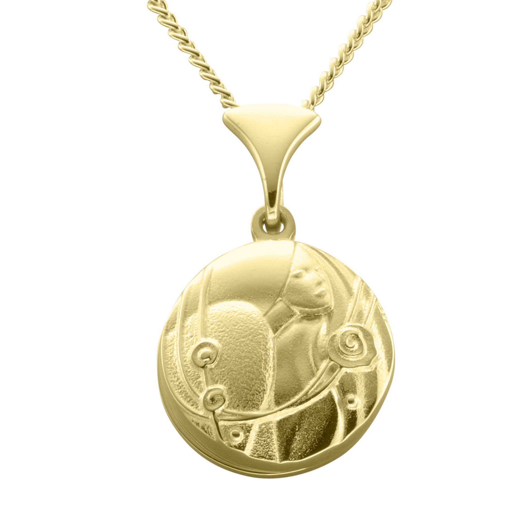 A gold necklace with a round pendant with a design featuring a lady's face and roses