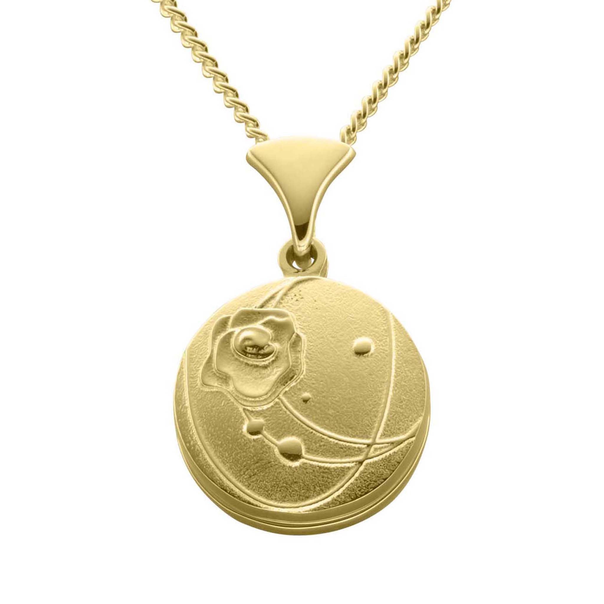 A gold necklace with an round pendant that has a simple design featuring roses