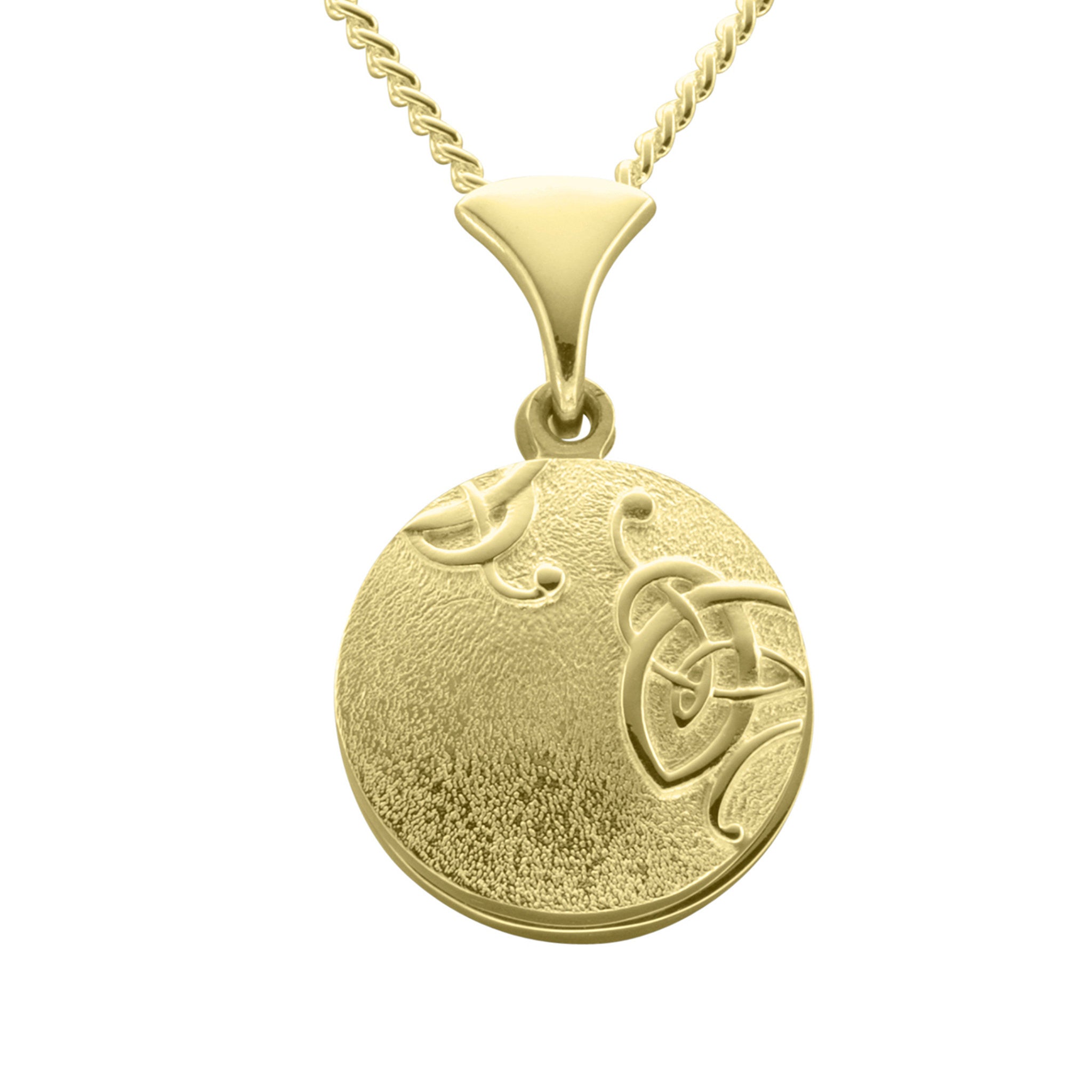 A gold necklace with an round pendant that has a simple geometric knotted pattern