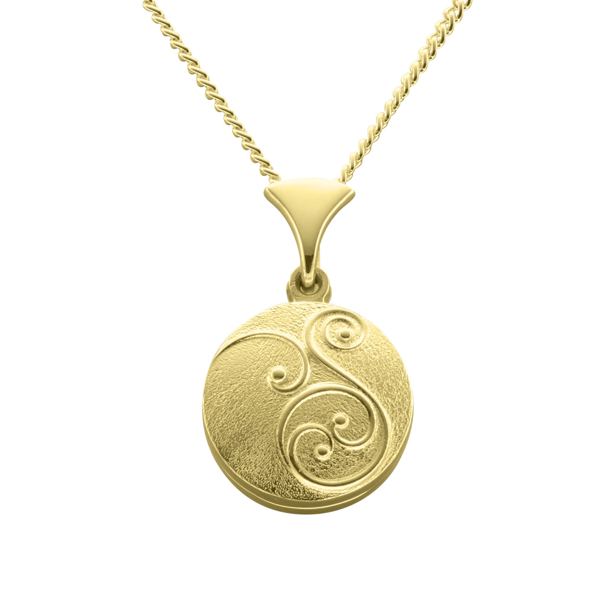 A gold necklace with an round pendant that has a simple geometric pattern