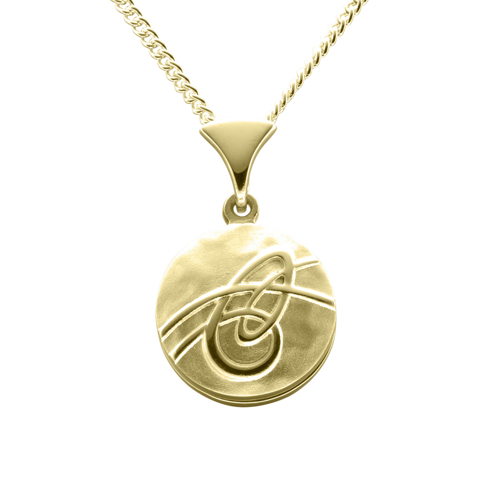 A gold necklace with an round pendant that has a simple geometric knot design 