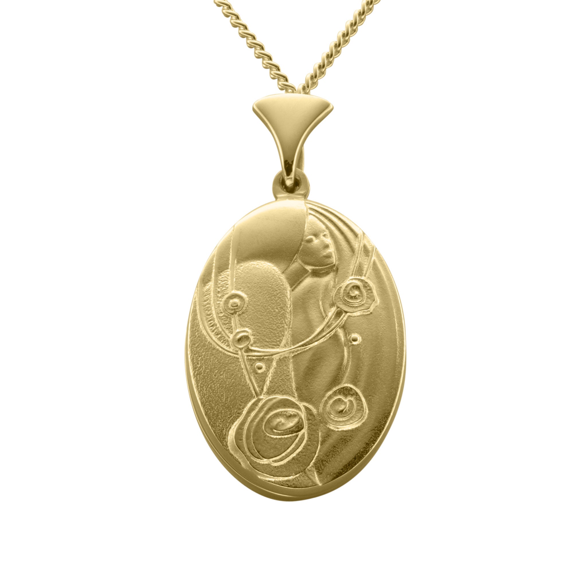 A gold necklace with an oval pendant with a design featuring a lady's face and roses