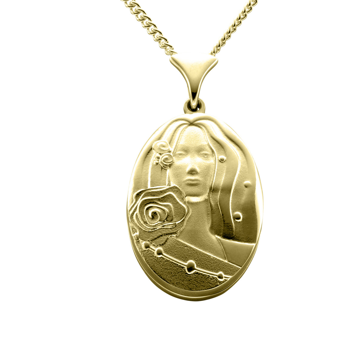A gold necklace with an oval pendant with a design featuring a lady's face and roses
