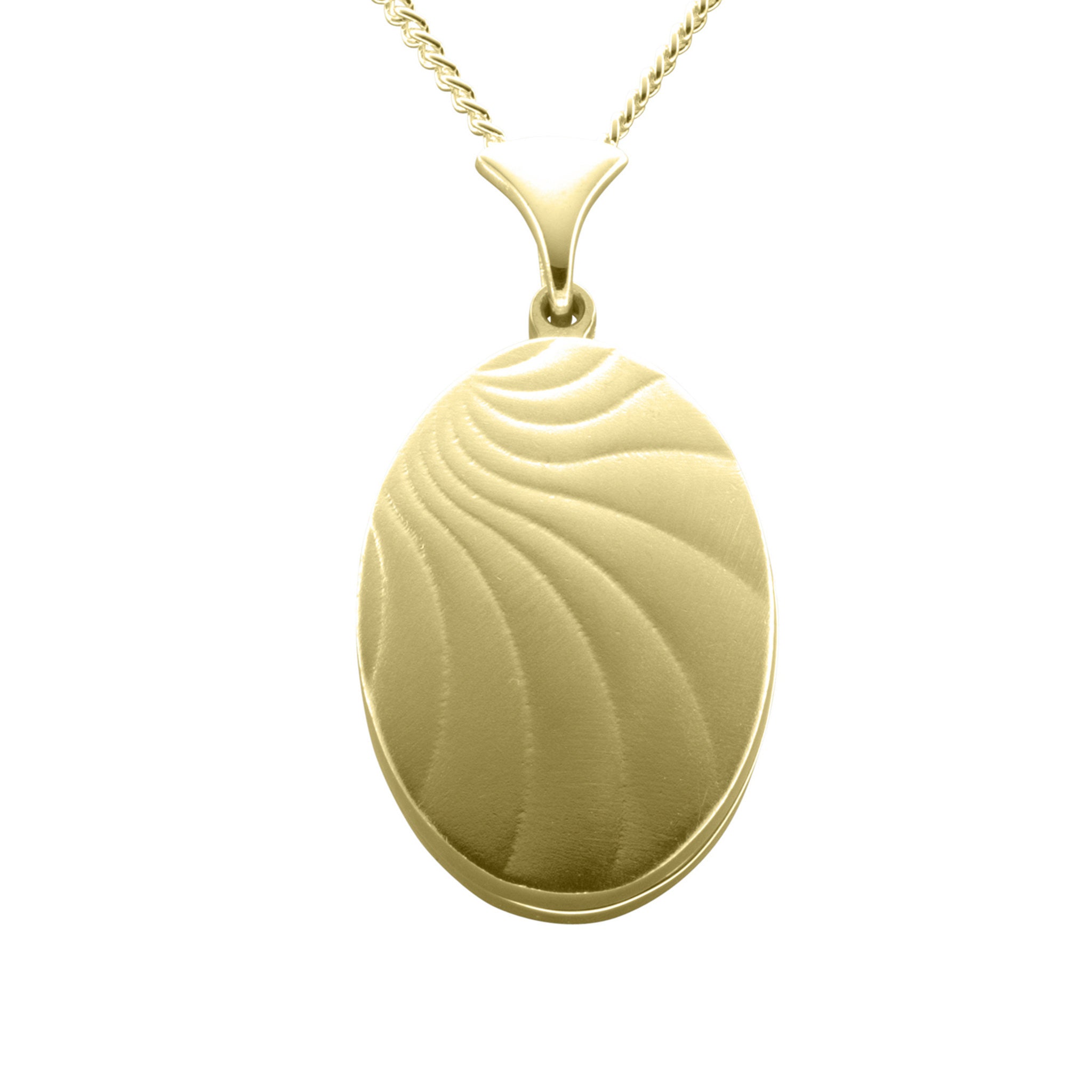 A gold necklace with an oval pendant with geometric lines