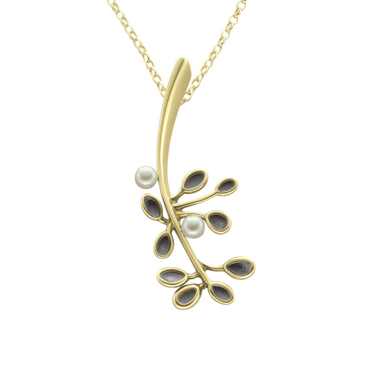 A gold pendant featuring a stylish branch with leaves and a pearl pendant, attached to a chain.