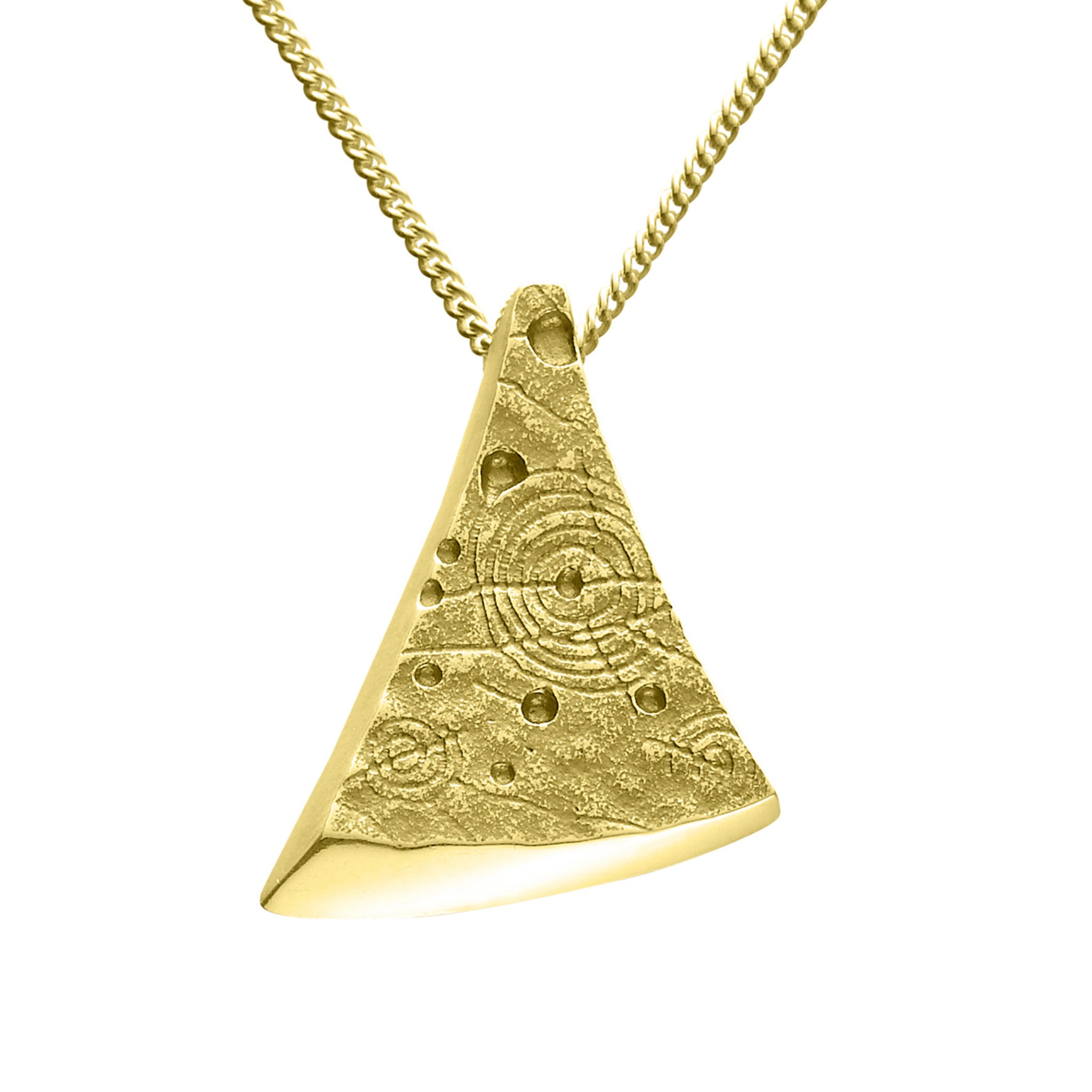 A triangular gold pendant with a geometric pattern, suspended by a chain.