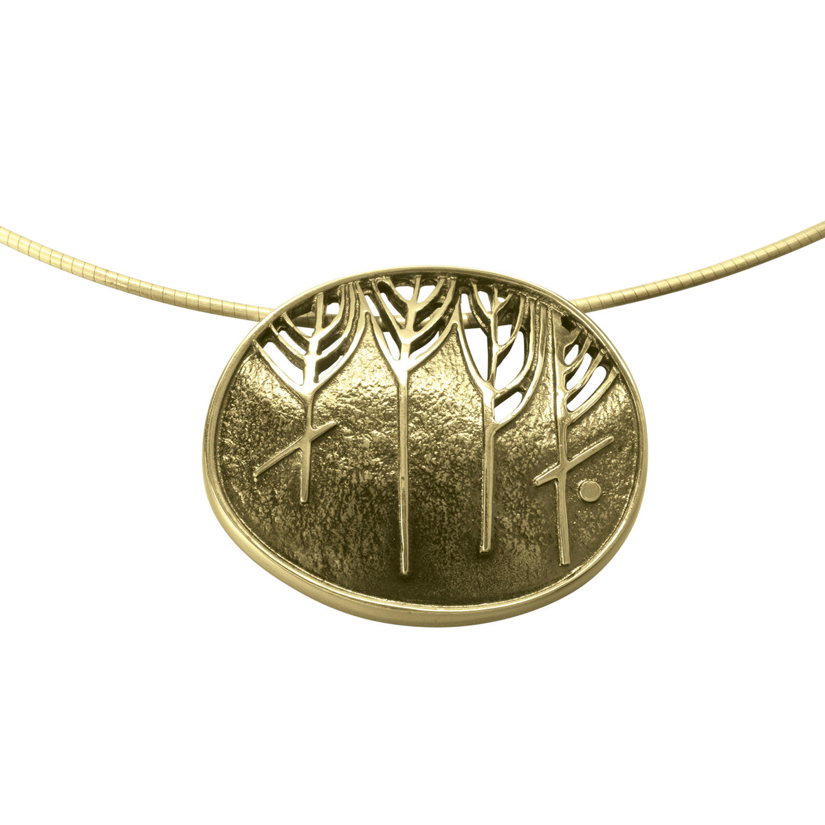 A gold pendant necklace featuring a oval design with runes, displayed against a white background.