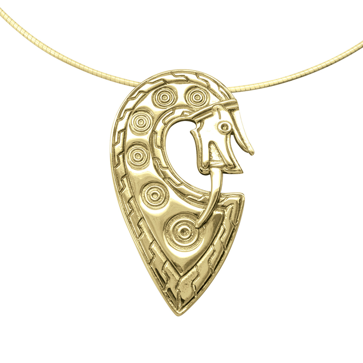 A gold necklace with a large gold pendant in the shape of a dragons head
