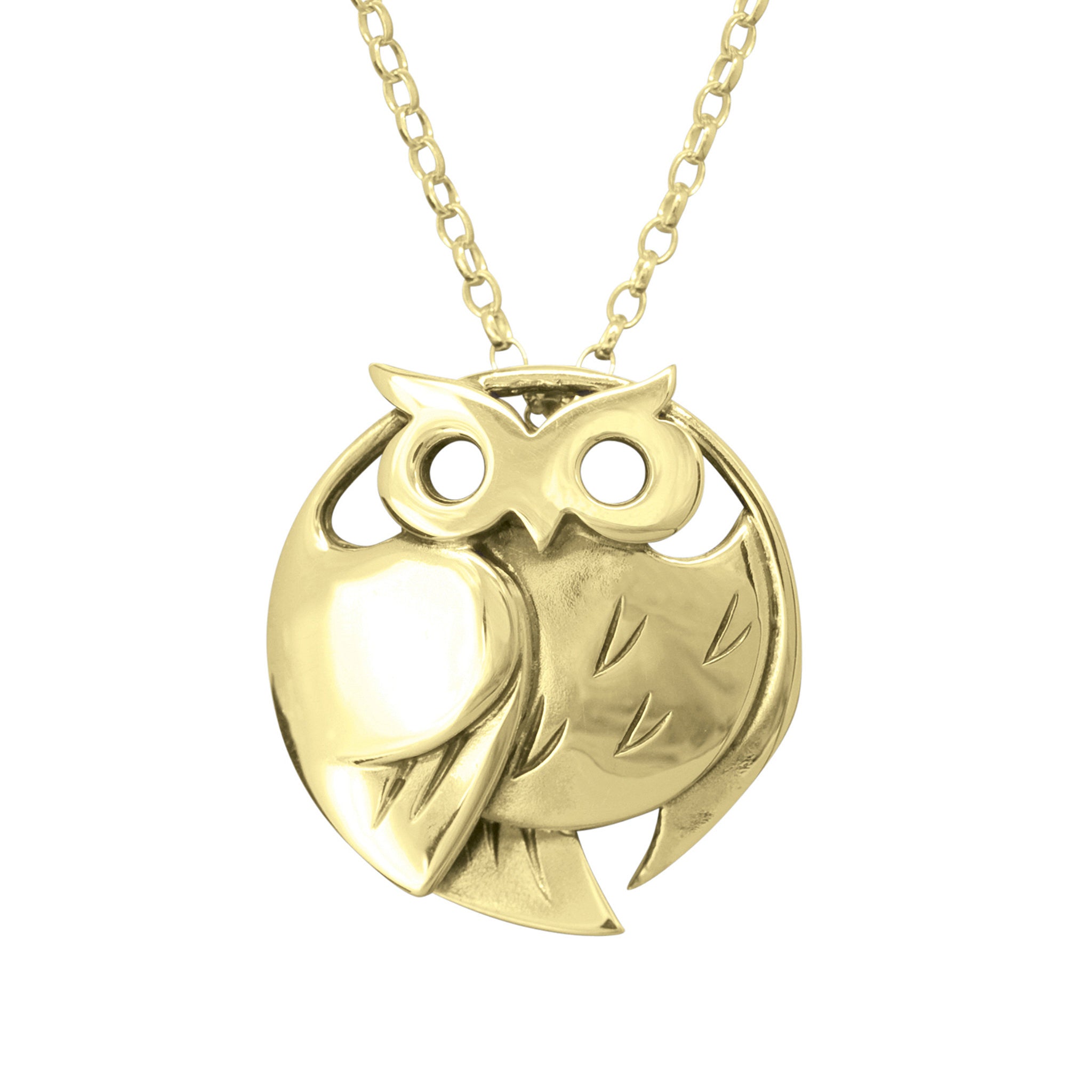 A gold owl pendant on a chain.