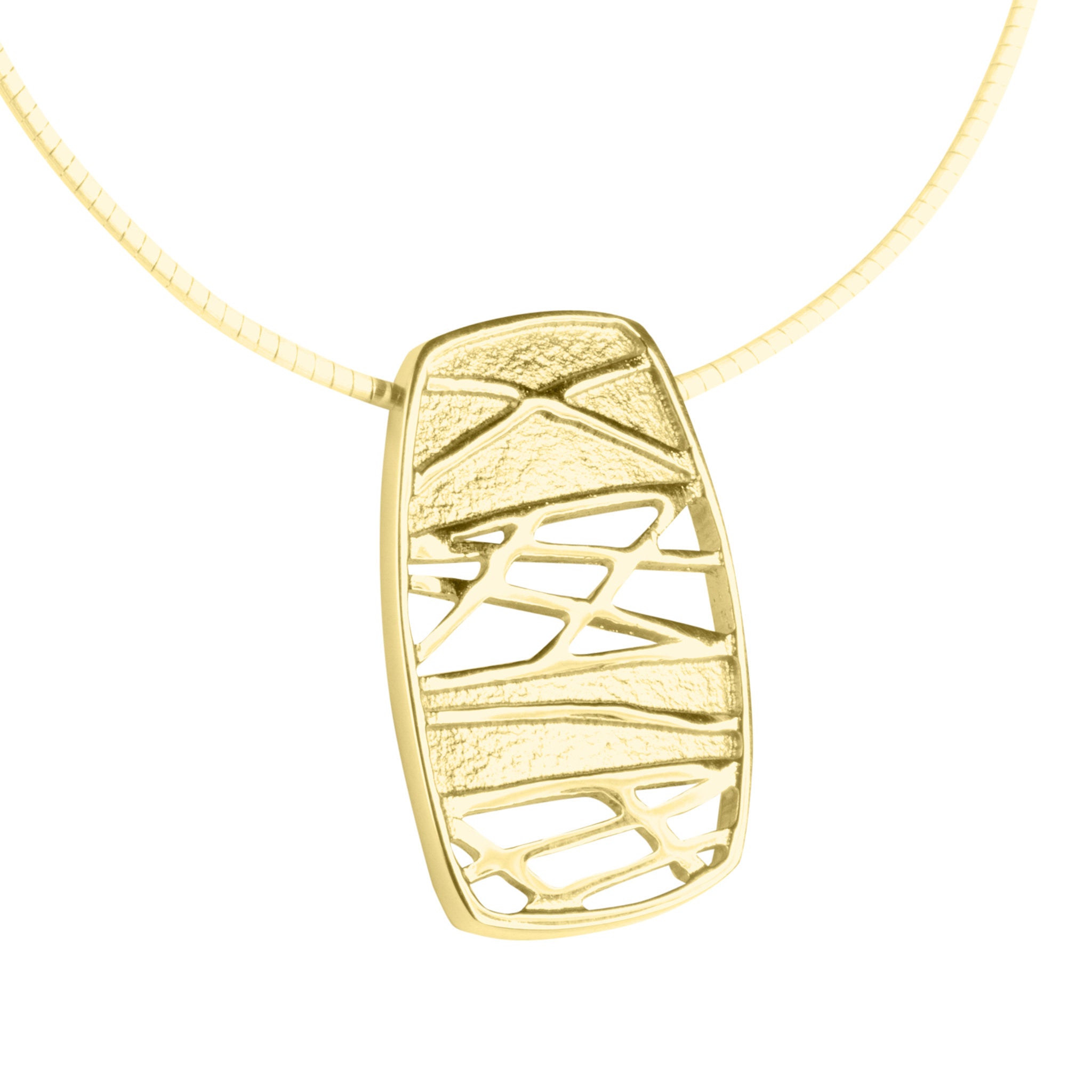 A large drop pendant in gold with rune designs, featuring a matching snake chain part of the Ness of Brodgar collection