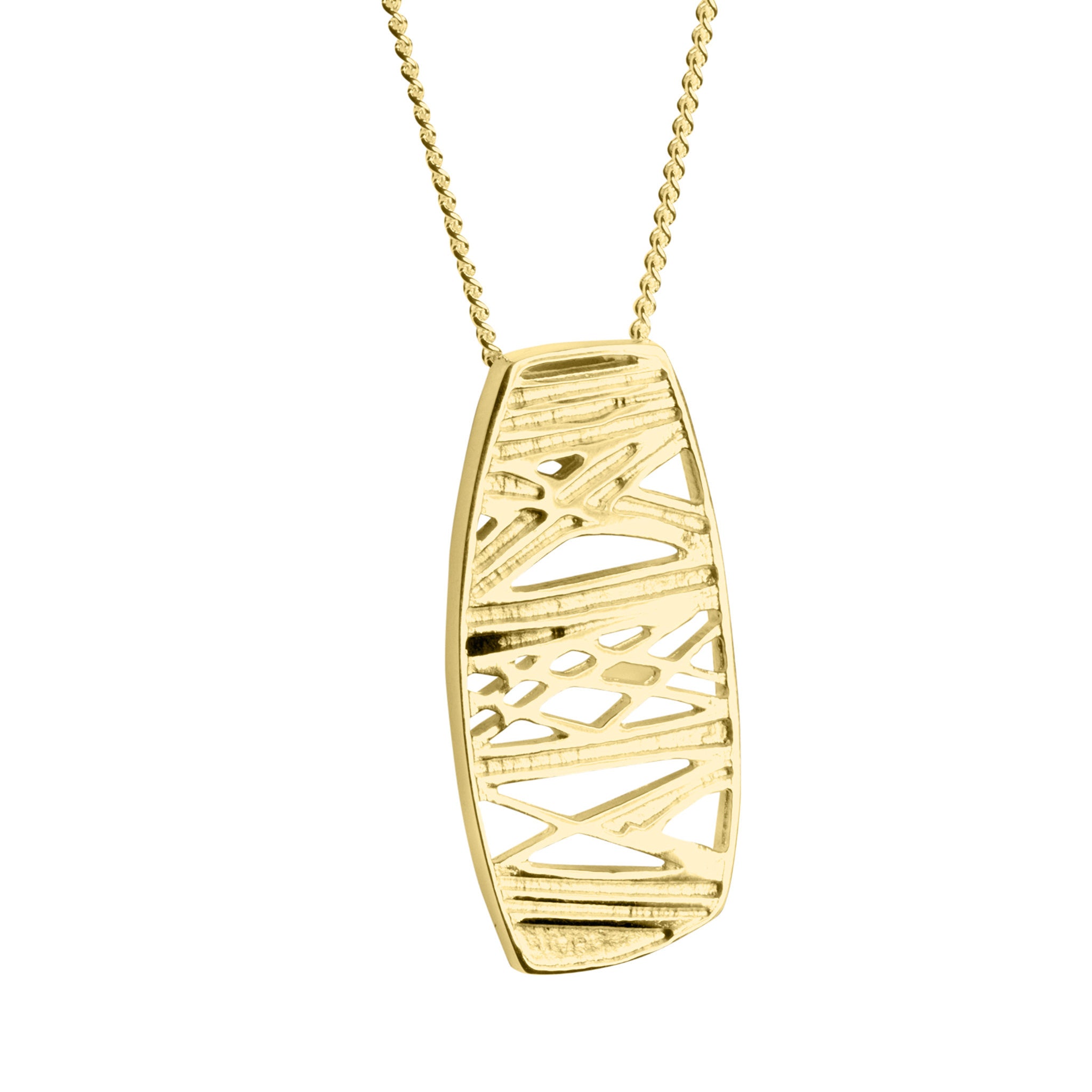 A large drop pendants in gold with rune designs, featuring a matching chain part of the Ness of Brodgar collection