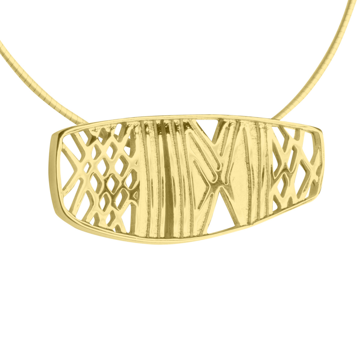 A large rectangular pendants in gold with rune designs, part of the Ness of Brodgar collection