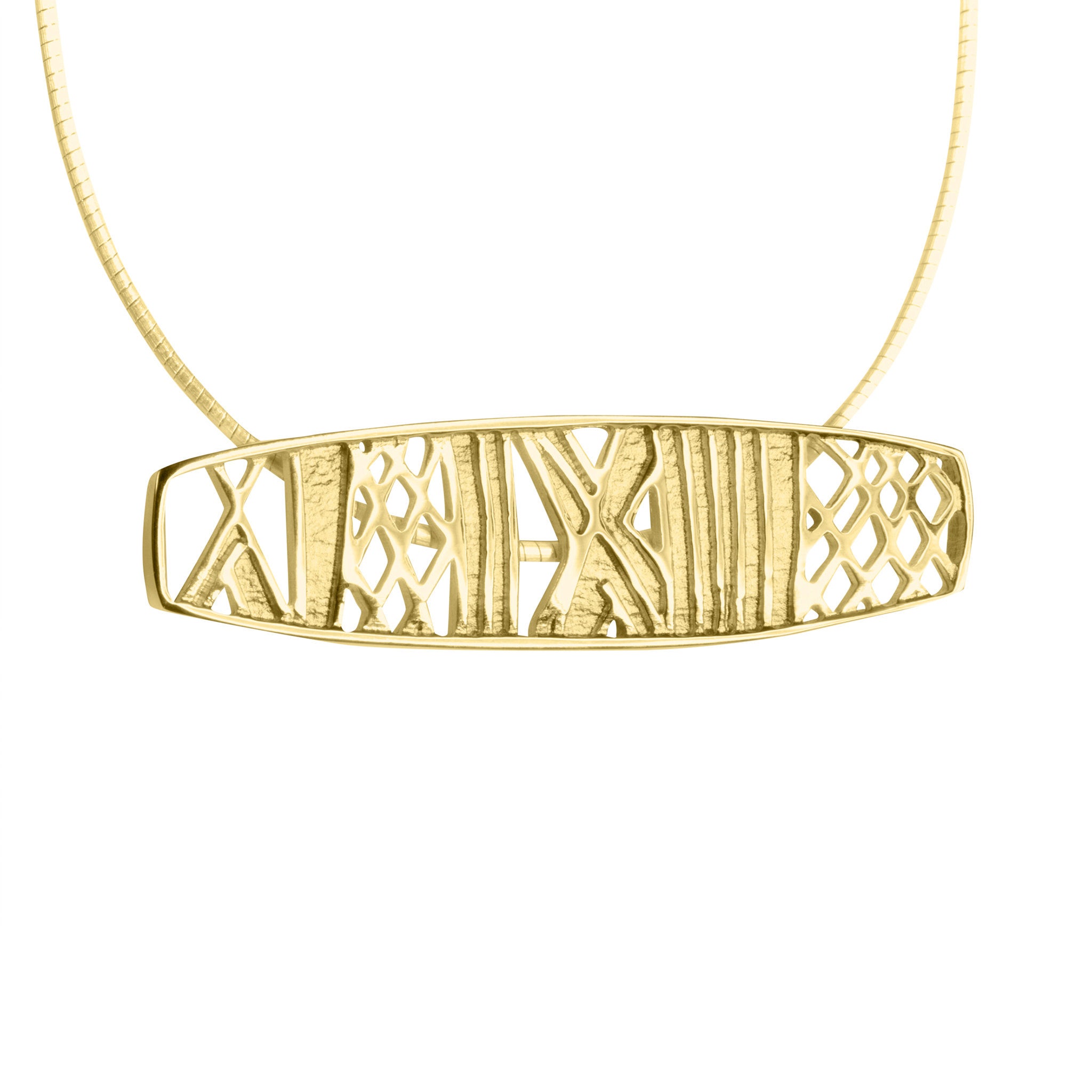 A large rectangular pendants in gold with rune designs, part of the Ness of Brodgar collection
