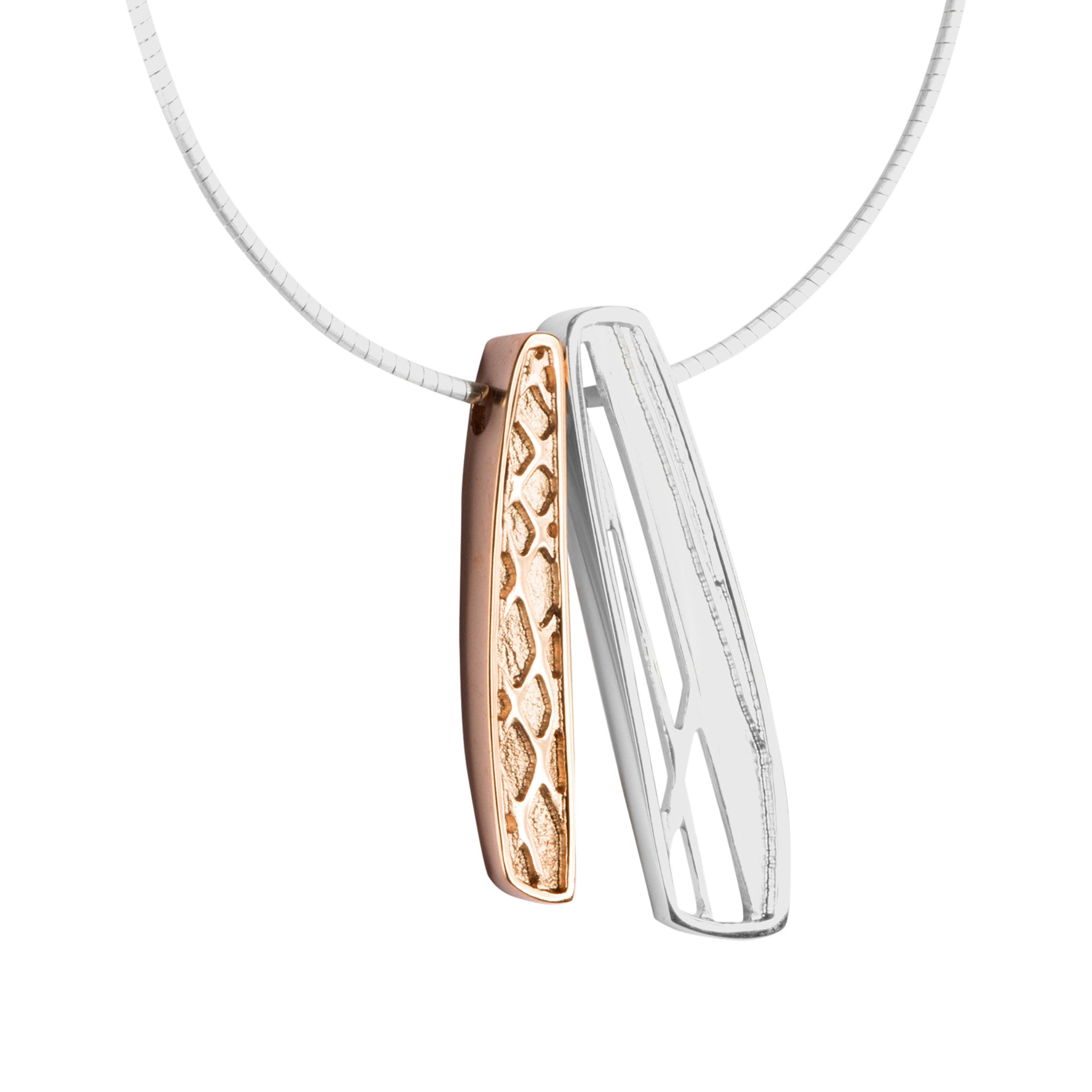 Two rectangular pendants, one in rose gold pendant, the other in silver with rune designs, part of the Ness of Brodgar collection