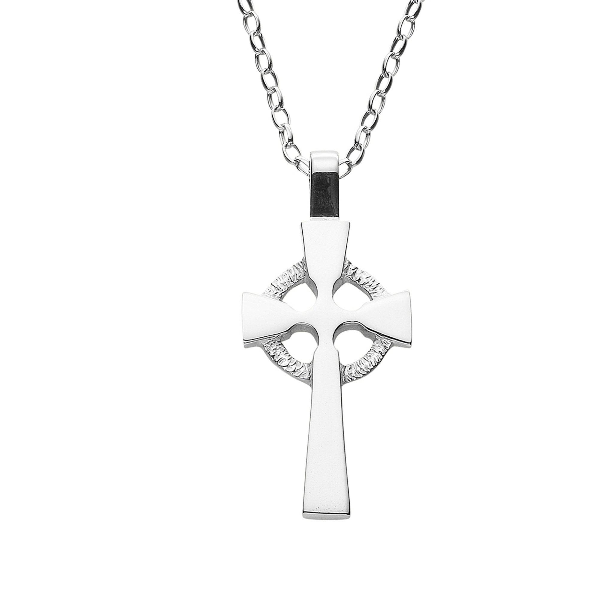 A silver necklace with celtic cross pendant