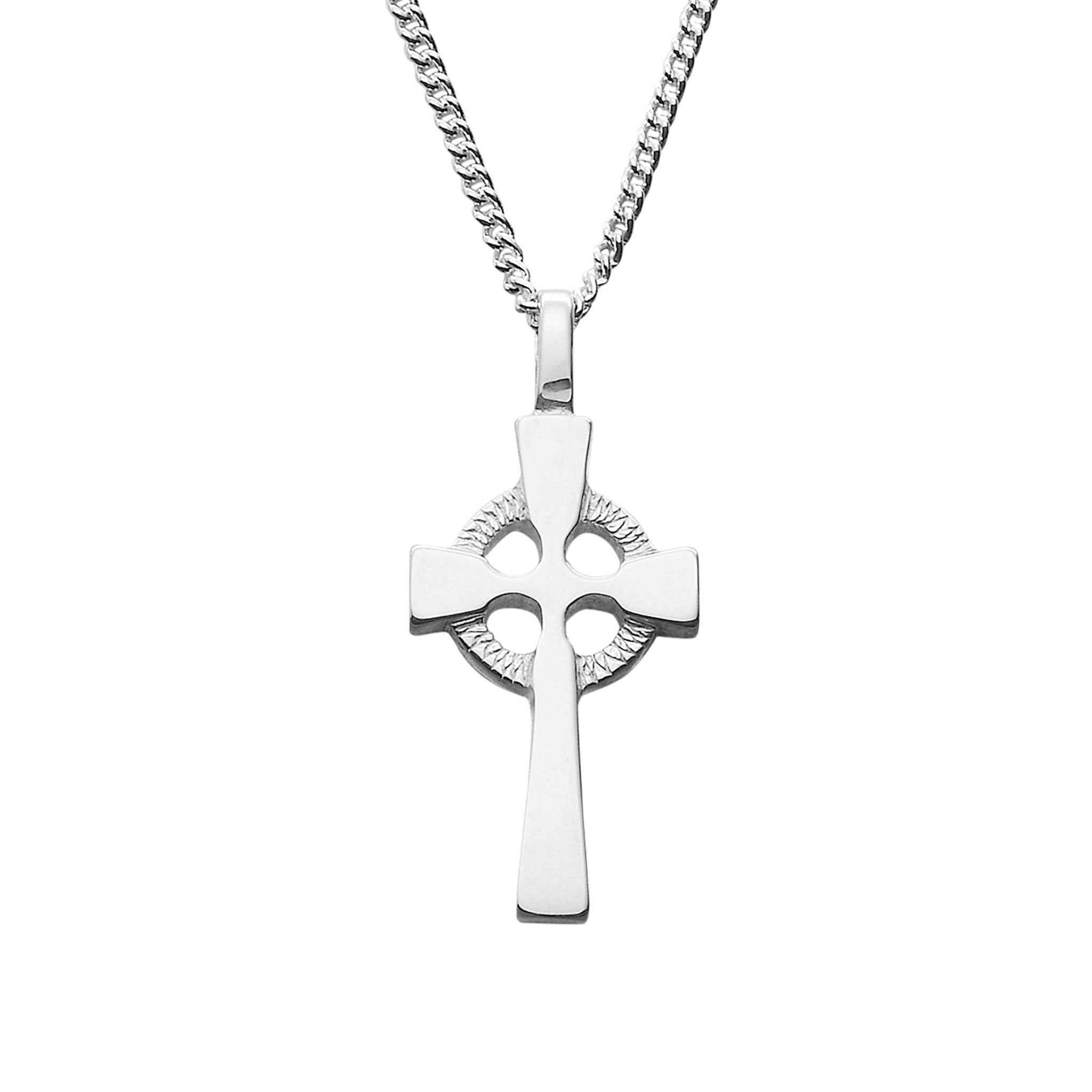 A silver necklace with celtic cross pendant