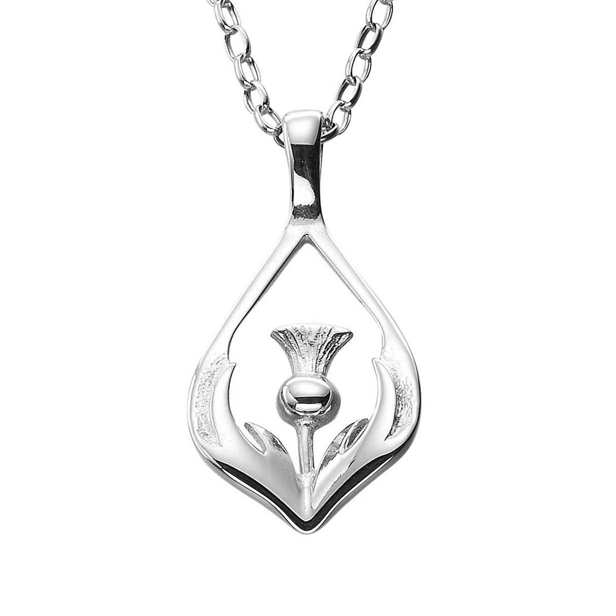 A silver necklace with a drop pendant featuring a thistle design