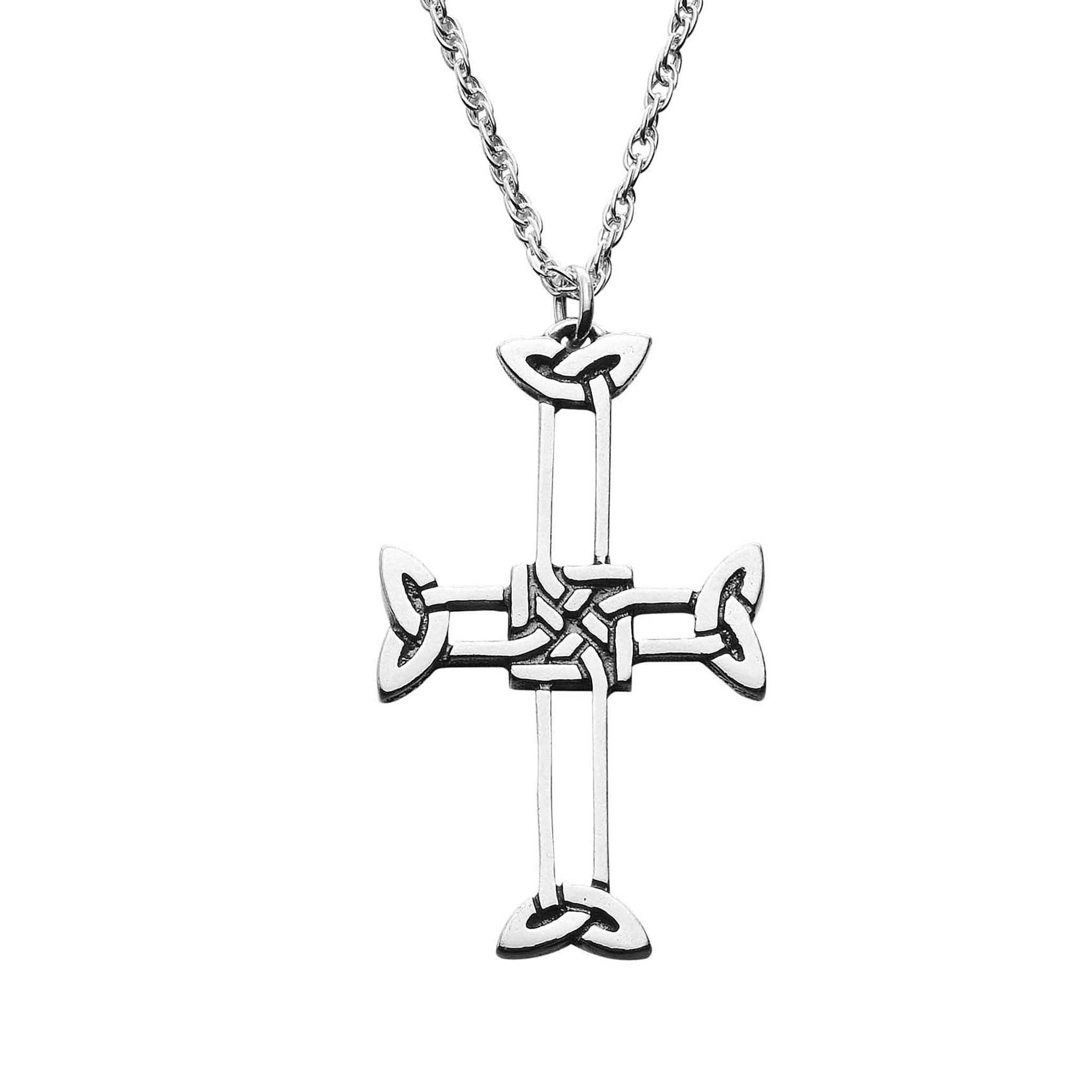 A silver pendant in the shape of a Celtic cross, likely made from sterling silver.