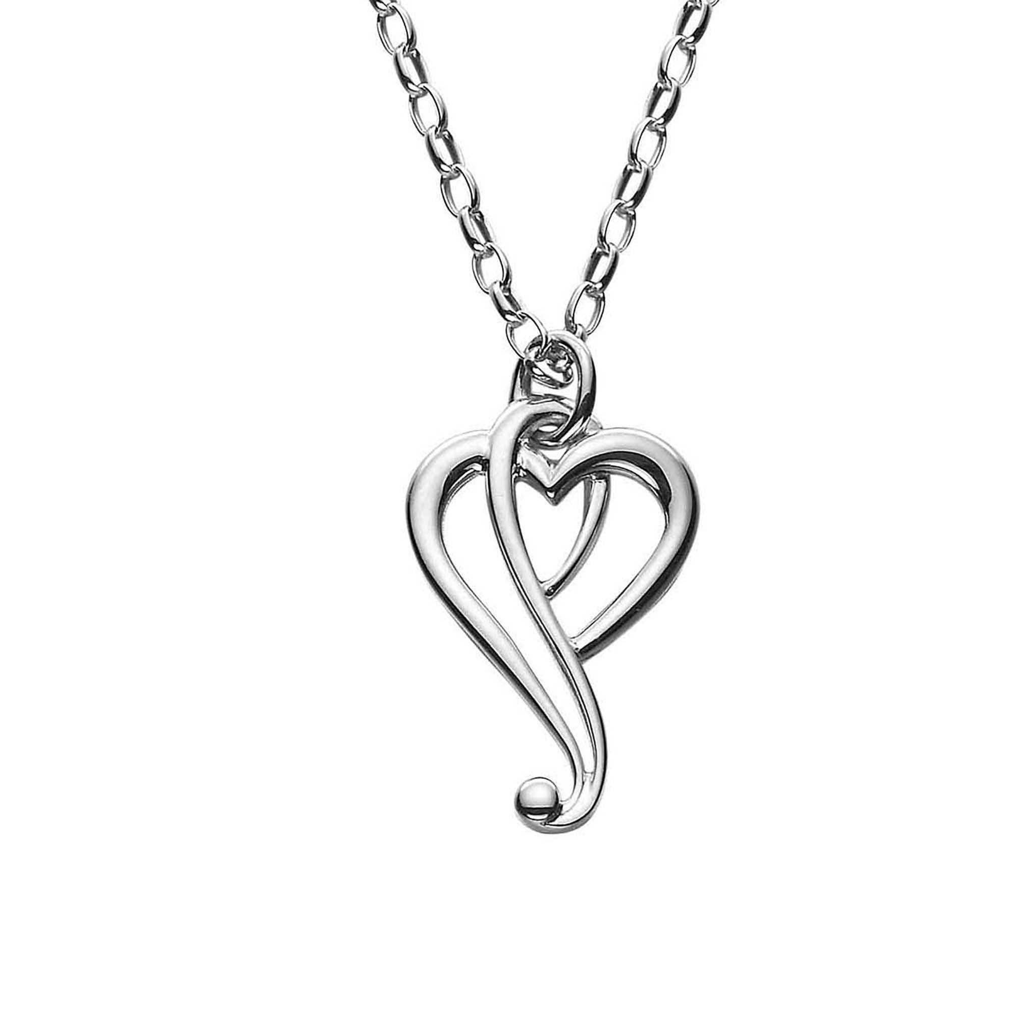A silver Luckenbooth pendant in the shape of two interlocking hearts on a chain.