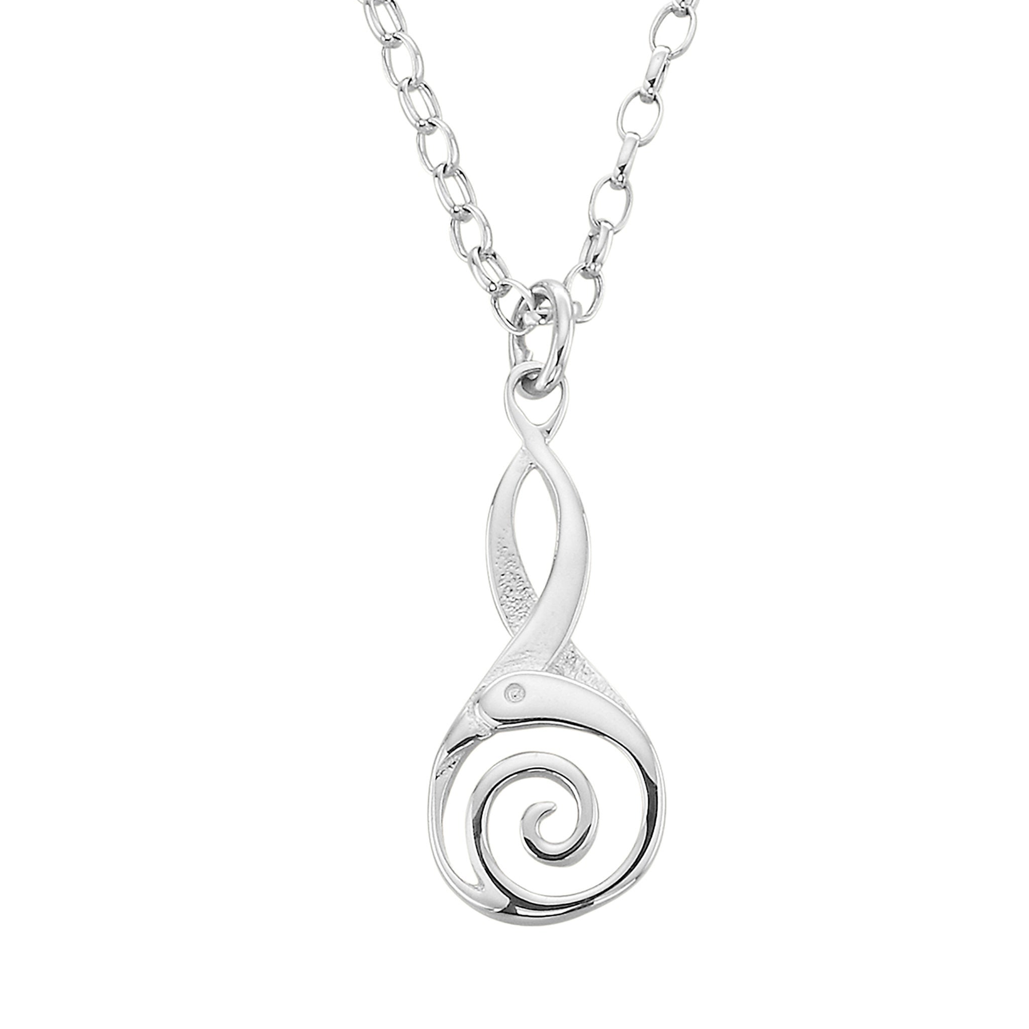A silver pendant necklace featuring a stylized bird design, suspended from a chain.