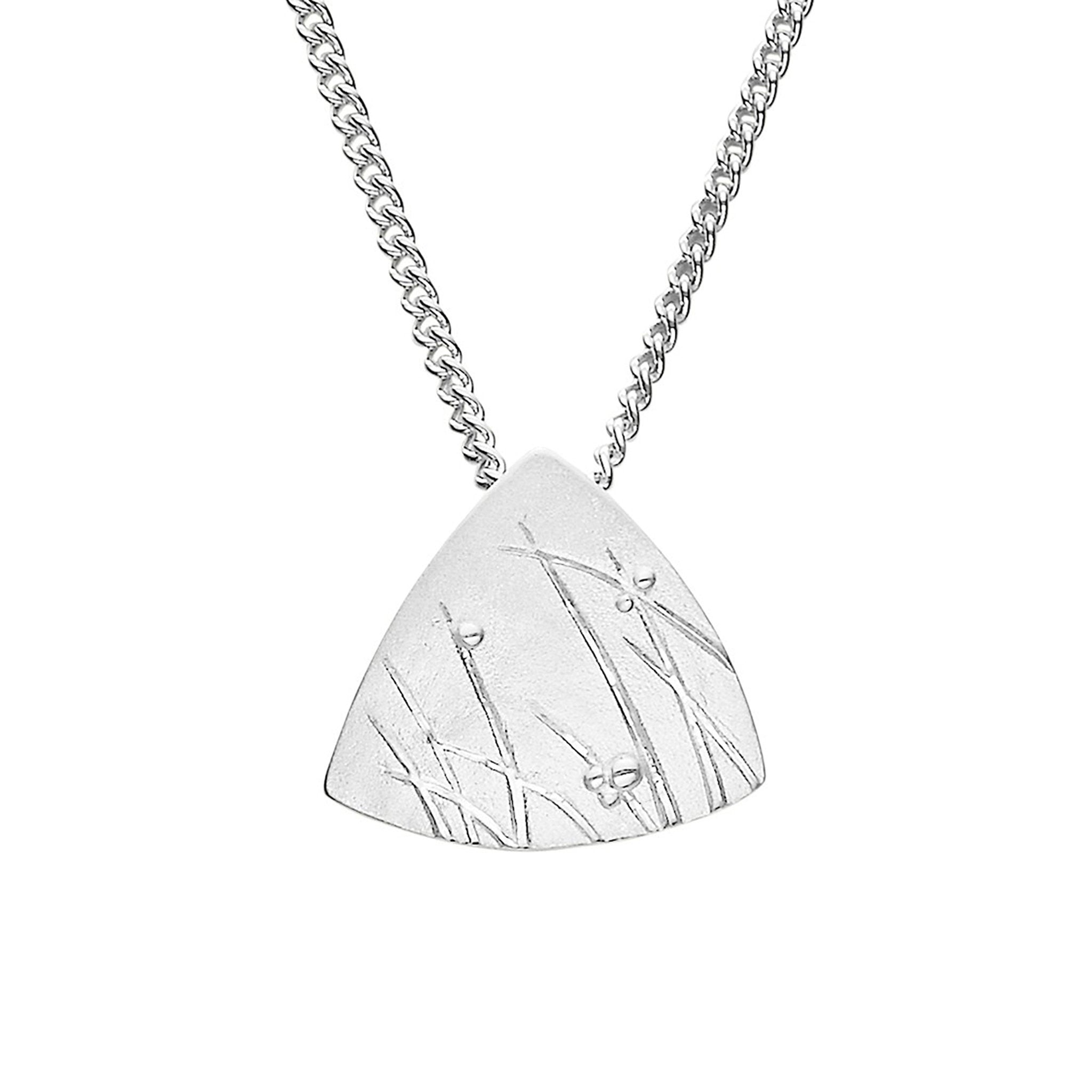 A silver pendant necklace with a triangular pendant featuring a grass-like pattern, displayed against a white background.