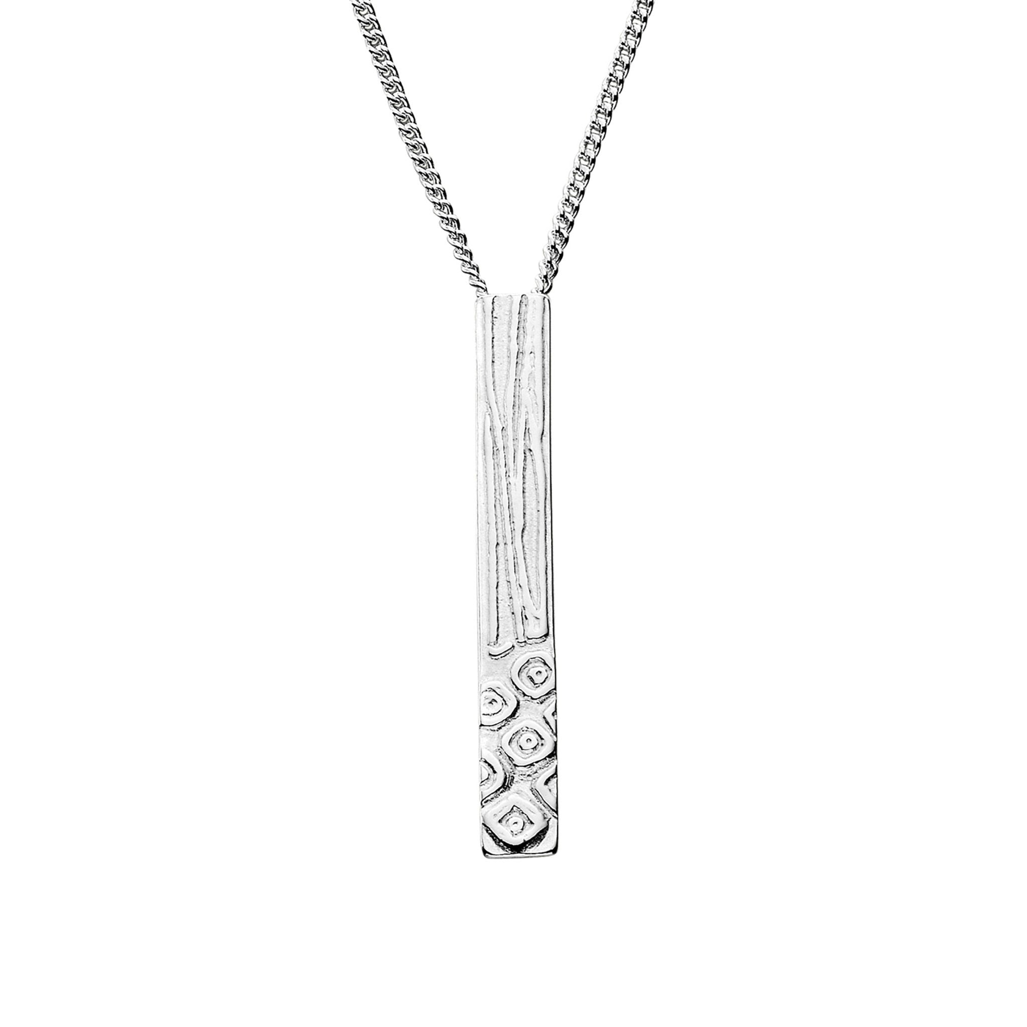 A thin silver pendant with a geometric pattern, attached to a chain.