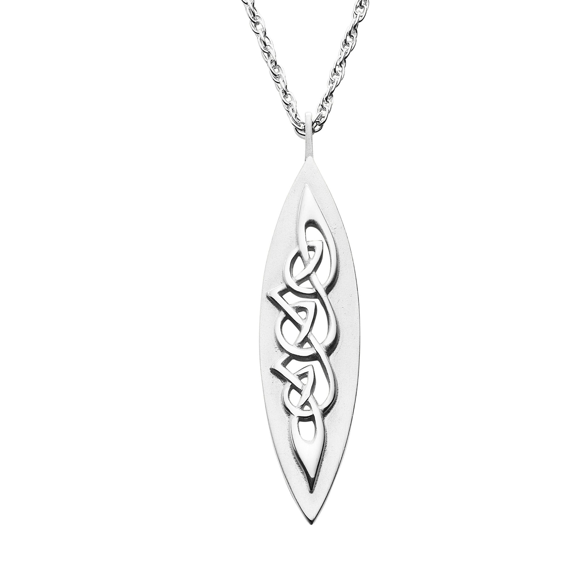 A silver necklace featuring a oval drop pendant with twisted Celtic knots