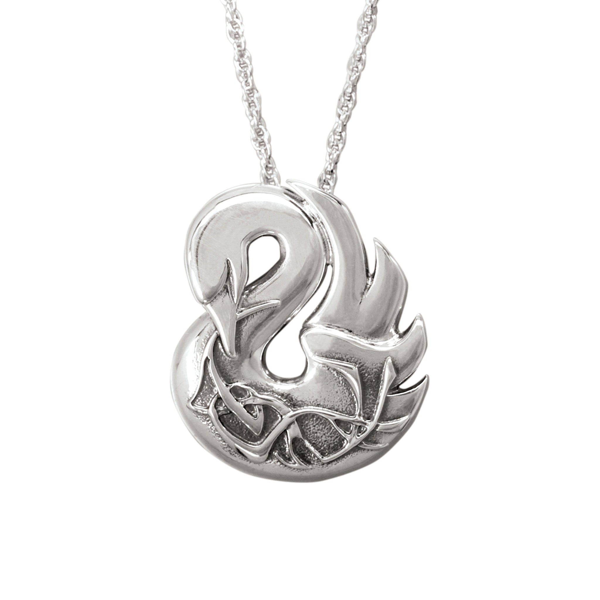 A silver pendant necklace featuring a stylish swan design, displayed against a white background.