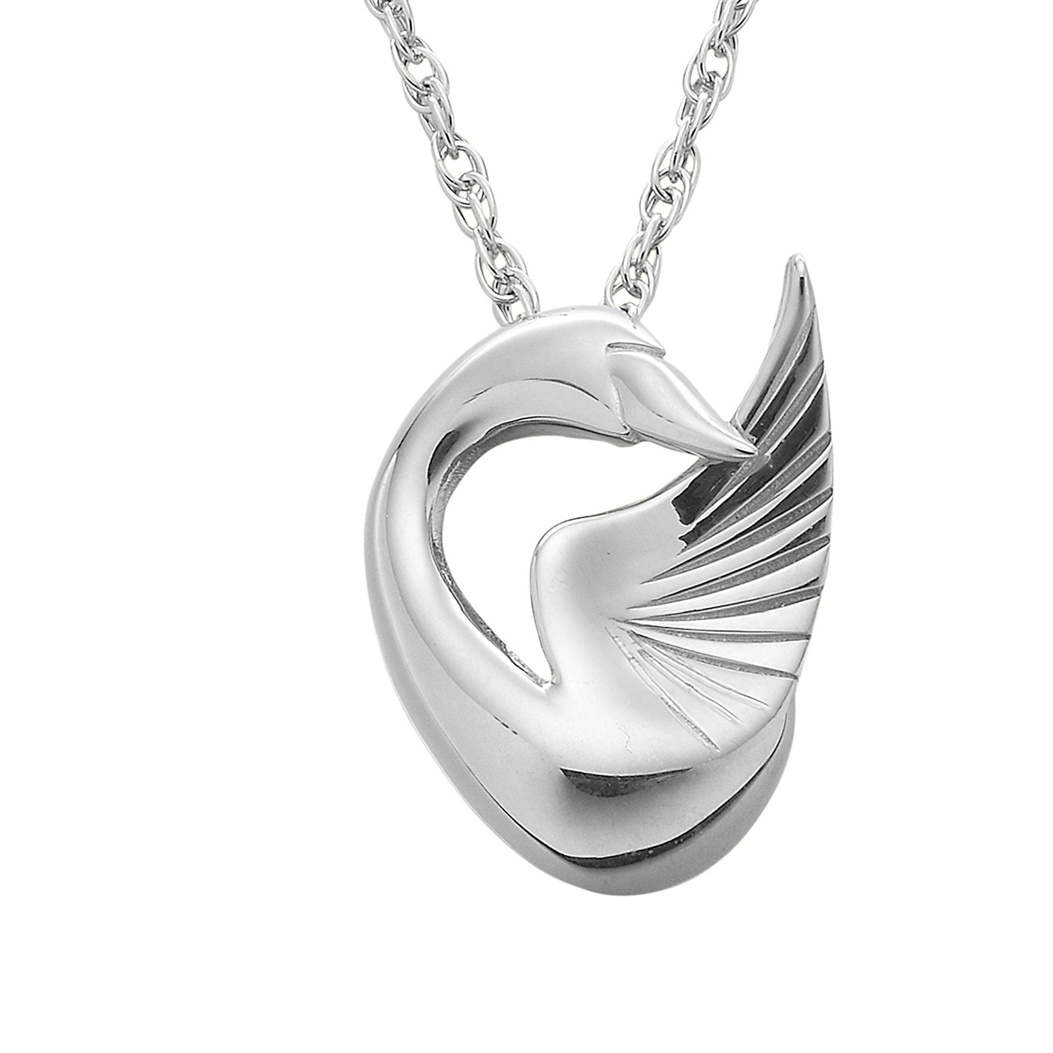 A silver pendant in the shape of a swan, displayed on a chain against a white background.