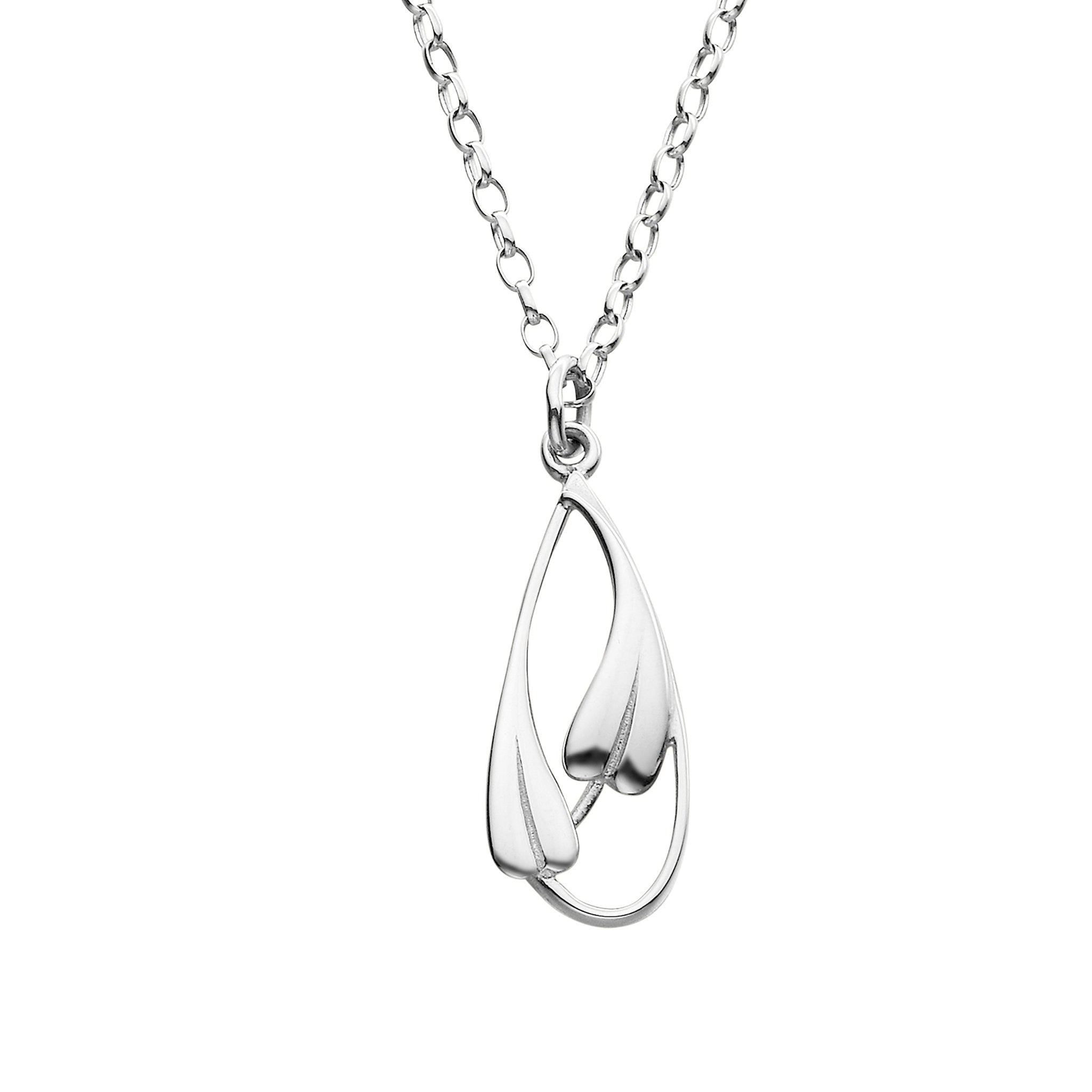 A silver pendant necklace featuring a delicate leaf design, displayed against a white background.