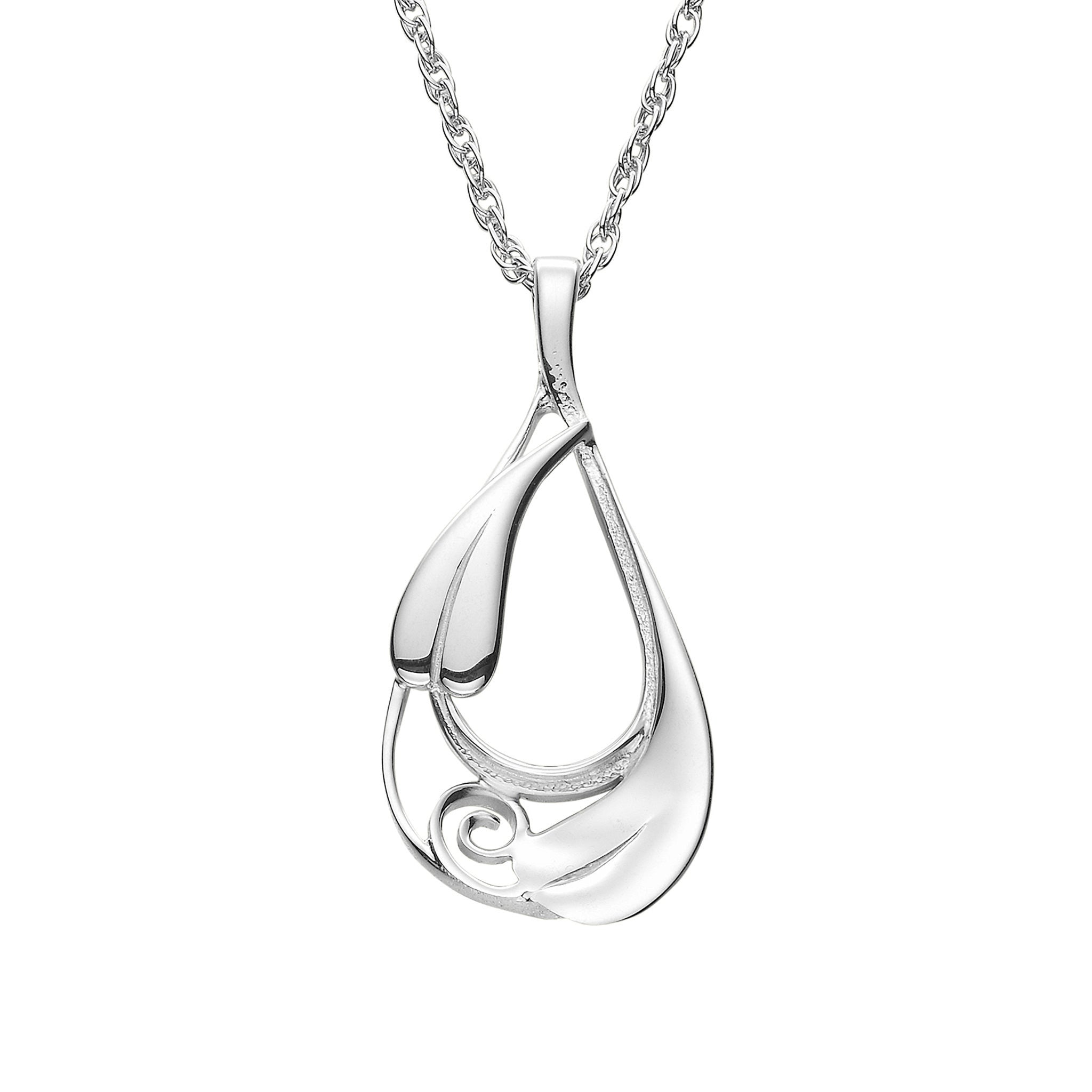 A silver pendant necklace featuring a floral-inspired design with elegant curves.