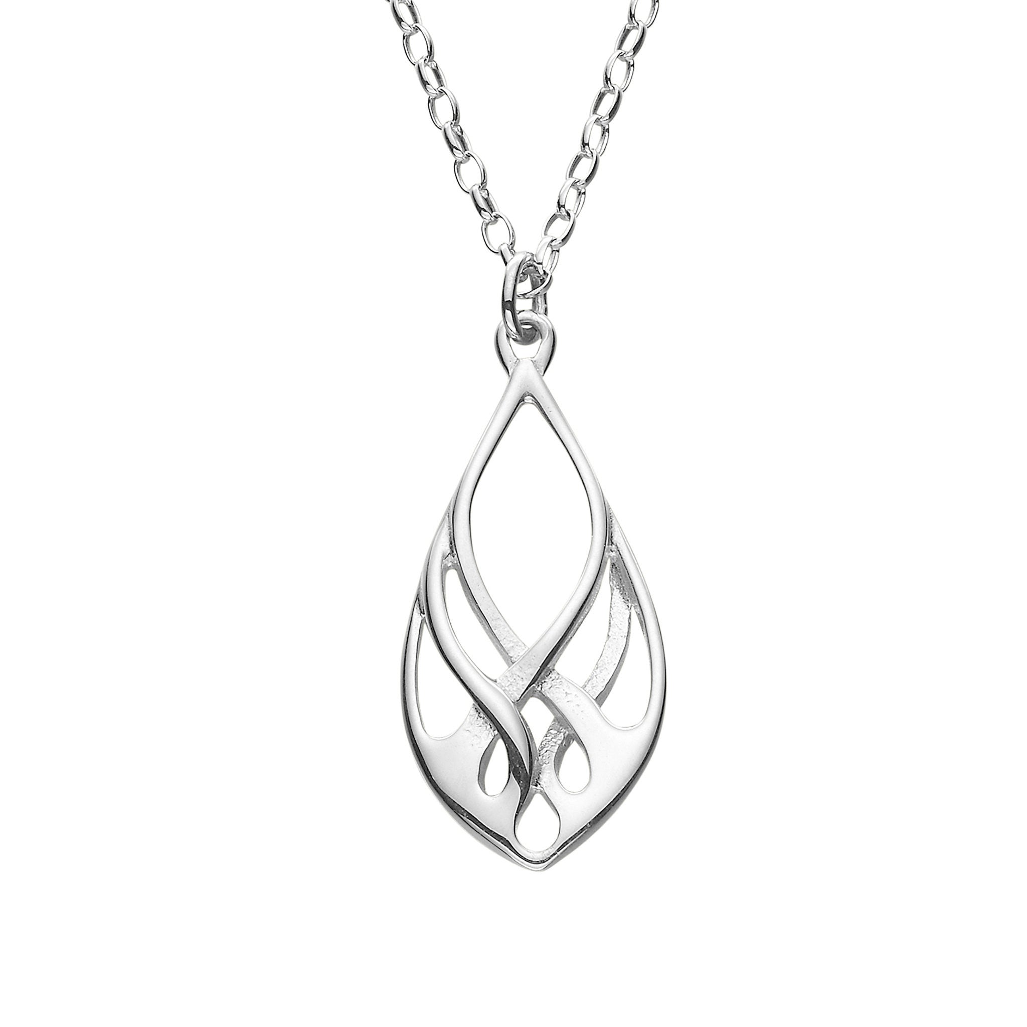 A silver pendant with a teardrop shape featuring a delicate floral design, suspended from a chain.
