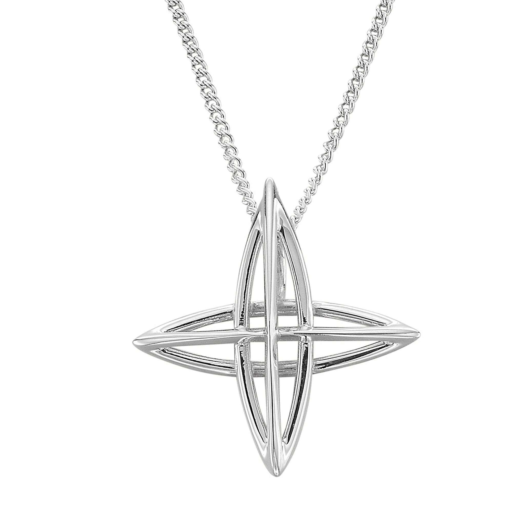 A silver North Star cross pendant necklace against a white background.