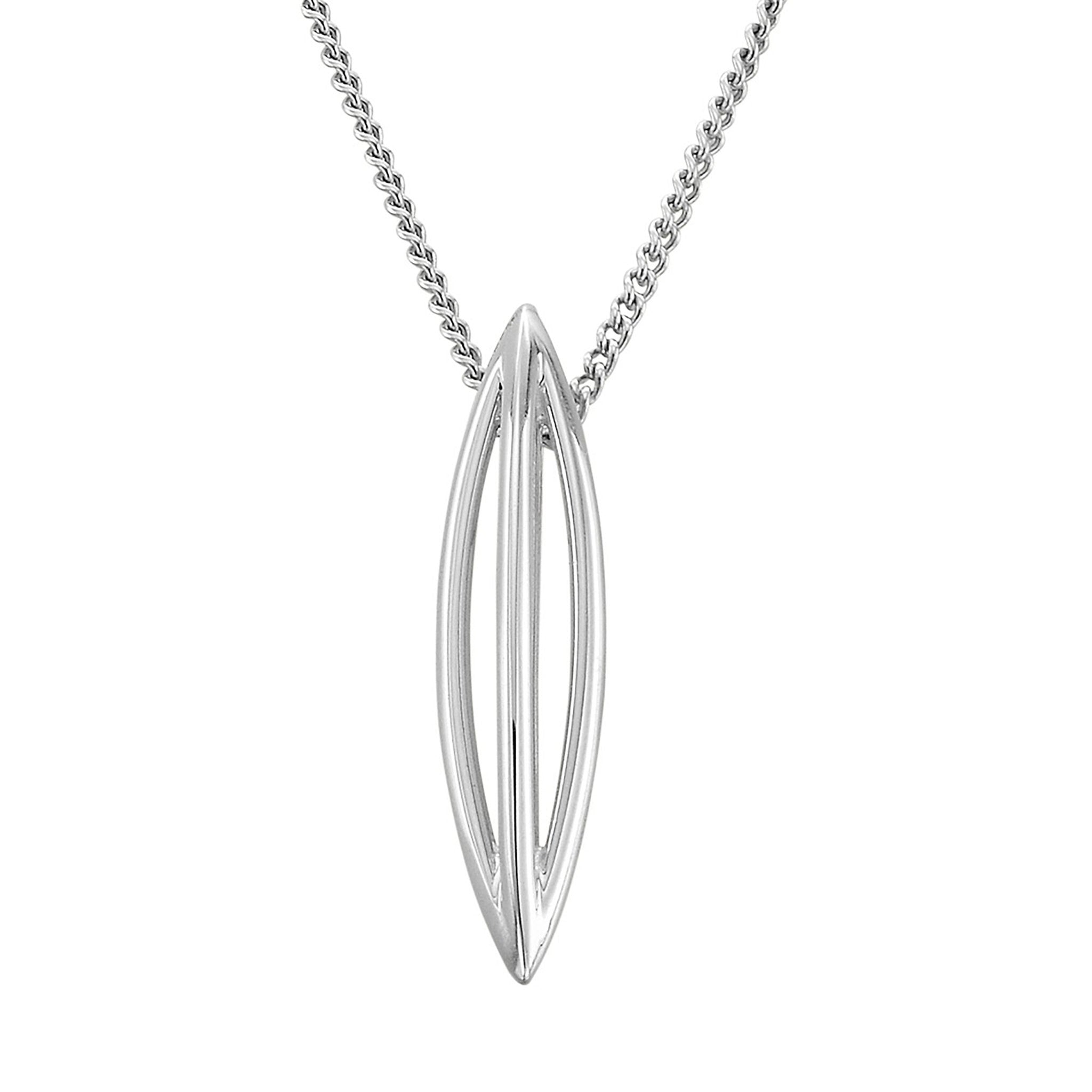A silver necklace featuring a large silver contemporary pendant with crisp lines