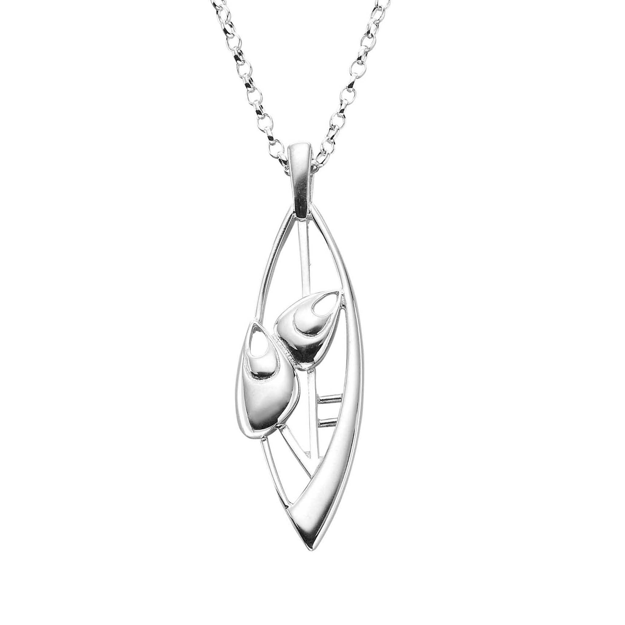 A silver necklace with a modern designed pendant of roses and geometric design