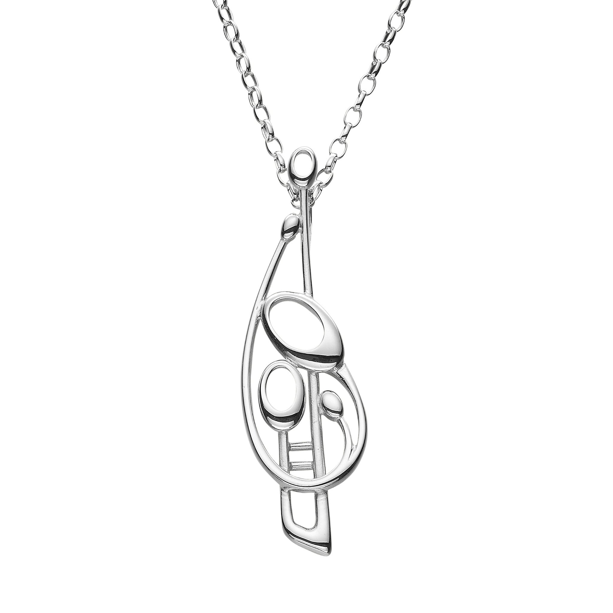A silver pendant necklace featuring a stylized, abstract design with intricate details.