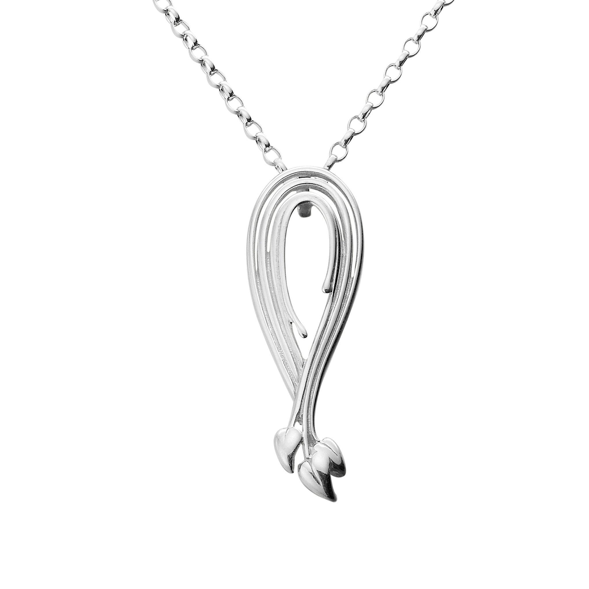 A silver necklace with the pendant featuring a folded stems with little leaves