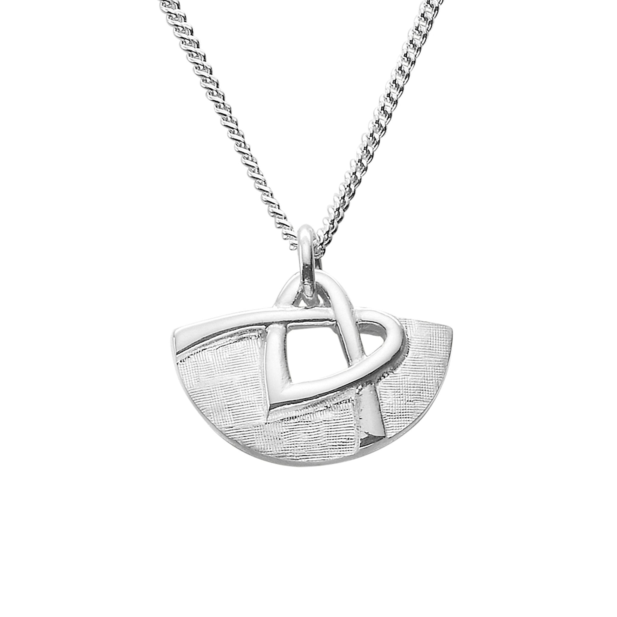A silver half round pendant necklace with a knotted heart design.