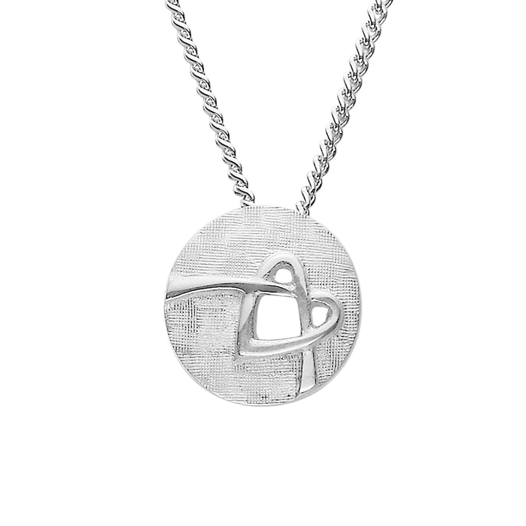 A silver round pendant necklace with a knotted heart design.