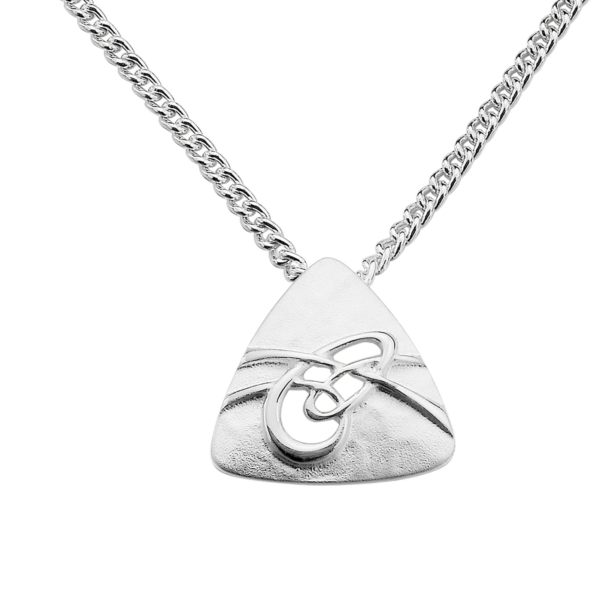 A silver necklace with a silver triangular drop pendant with a knotted pattern