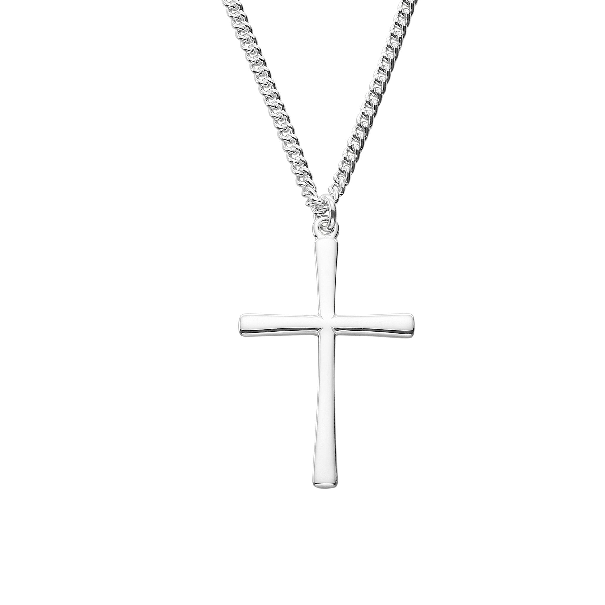 A silver cross pendant on a chain, displayed against a white background.