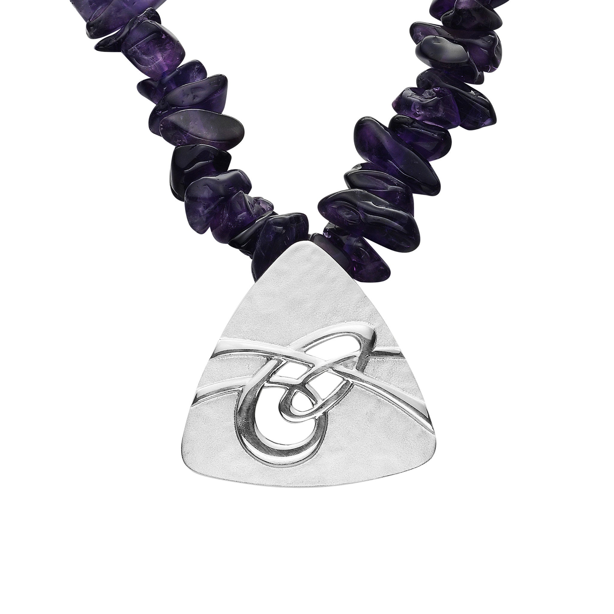 An amethyst necklace with a silver pendant featuring a knotted celtic design